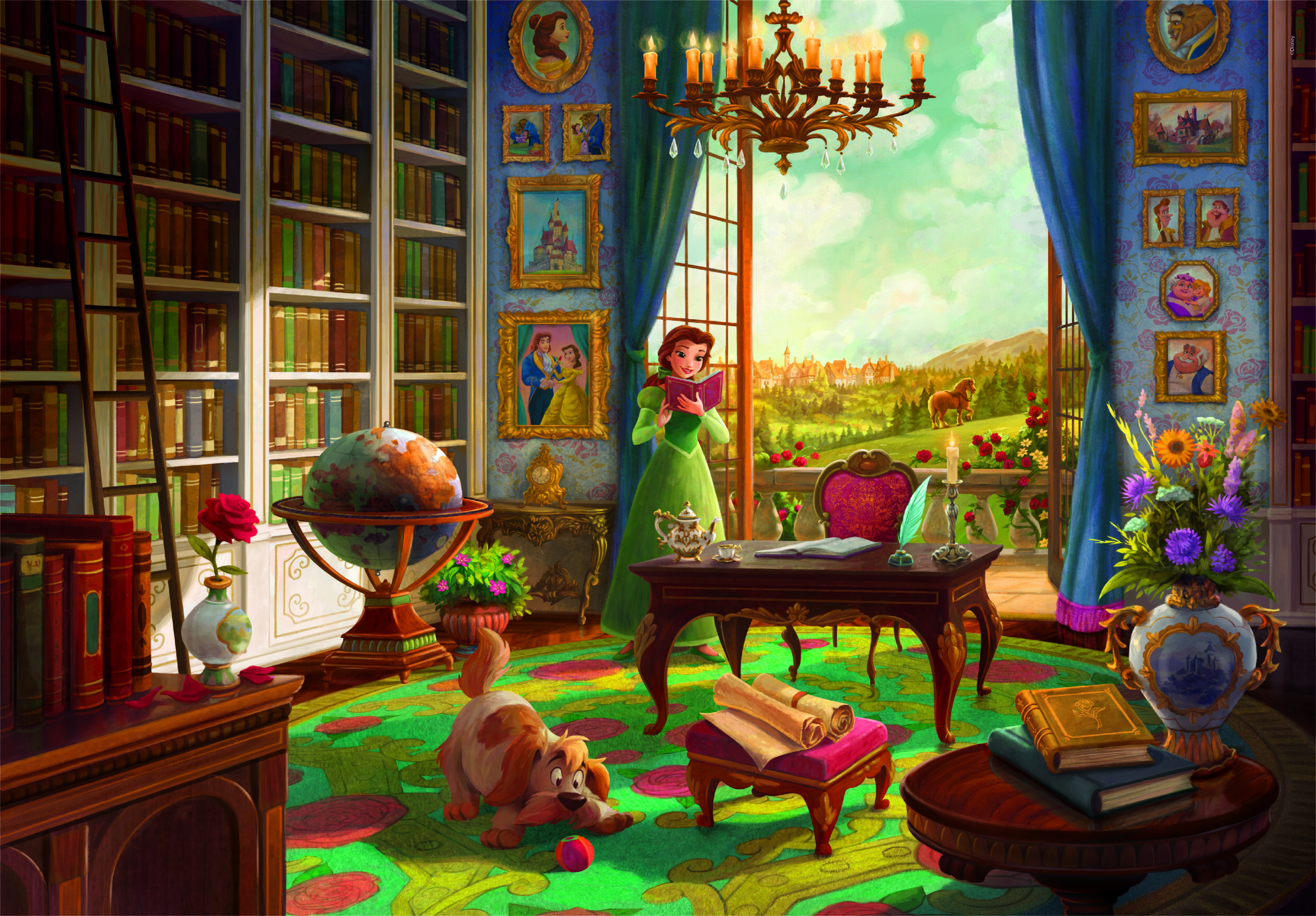 Kobieta czyta w bibliotece z globusem, psem i widokiem na miasto. Regały i obrazy zdobią pokój.