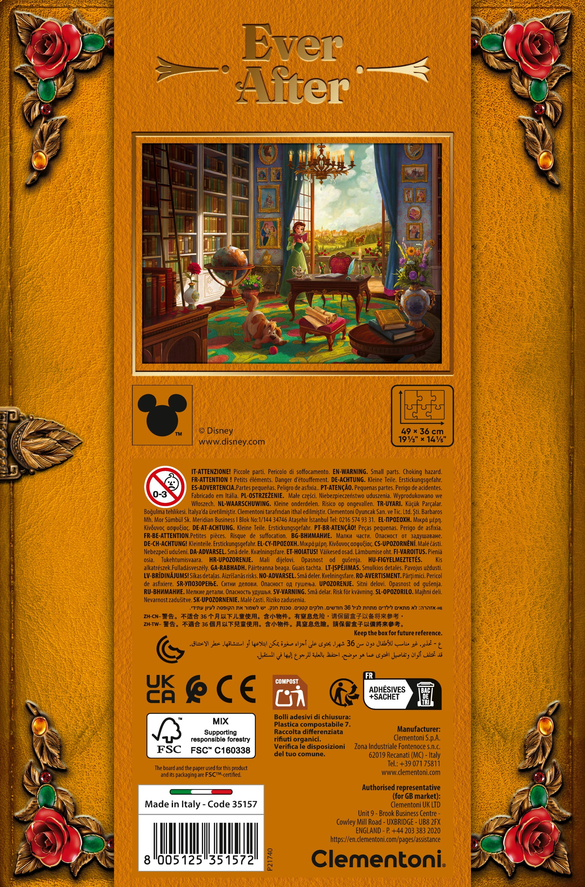 Pudełko z puzzlami z Bellą Disneya w bibliotece, pomarańczowe obramowania i tekst.