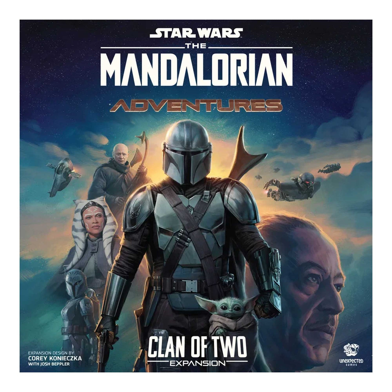 Il Mandaloriano, Grogu e altri personaggi di Star Wars. Il testo dice 'The Mandalorian Adventures: Clan of Two'.