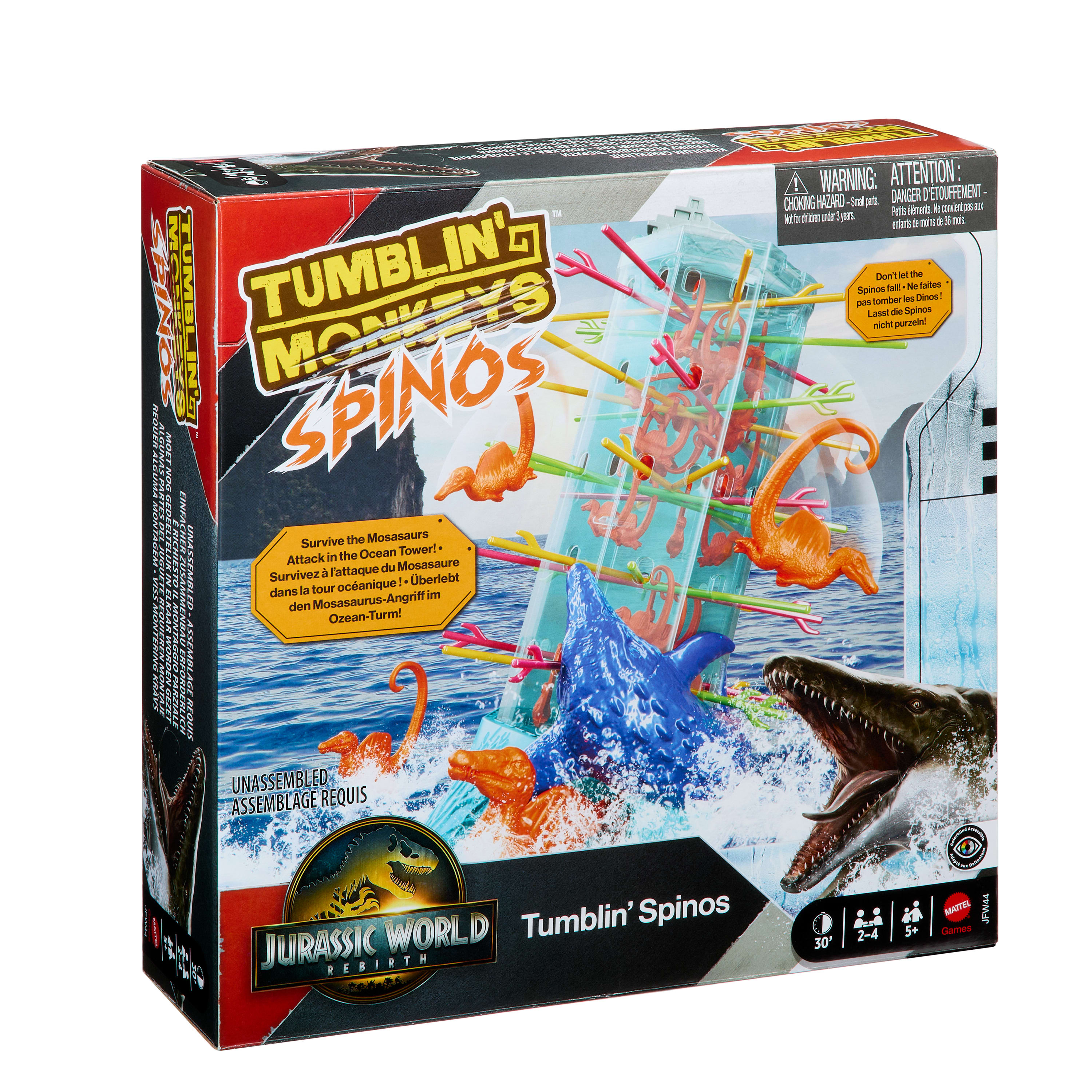 Illustration de boîte de jeu. Elle présente un dinosaure, de l'eau et des dinosaures oranges.