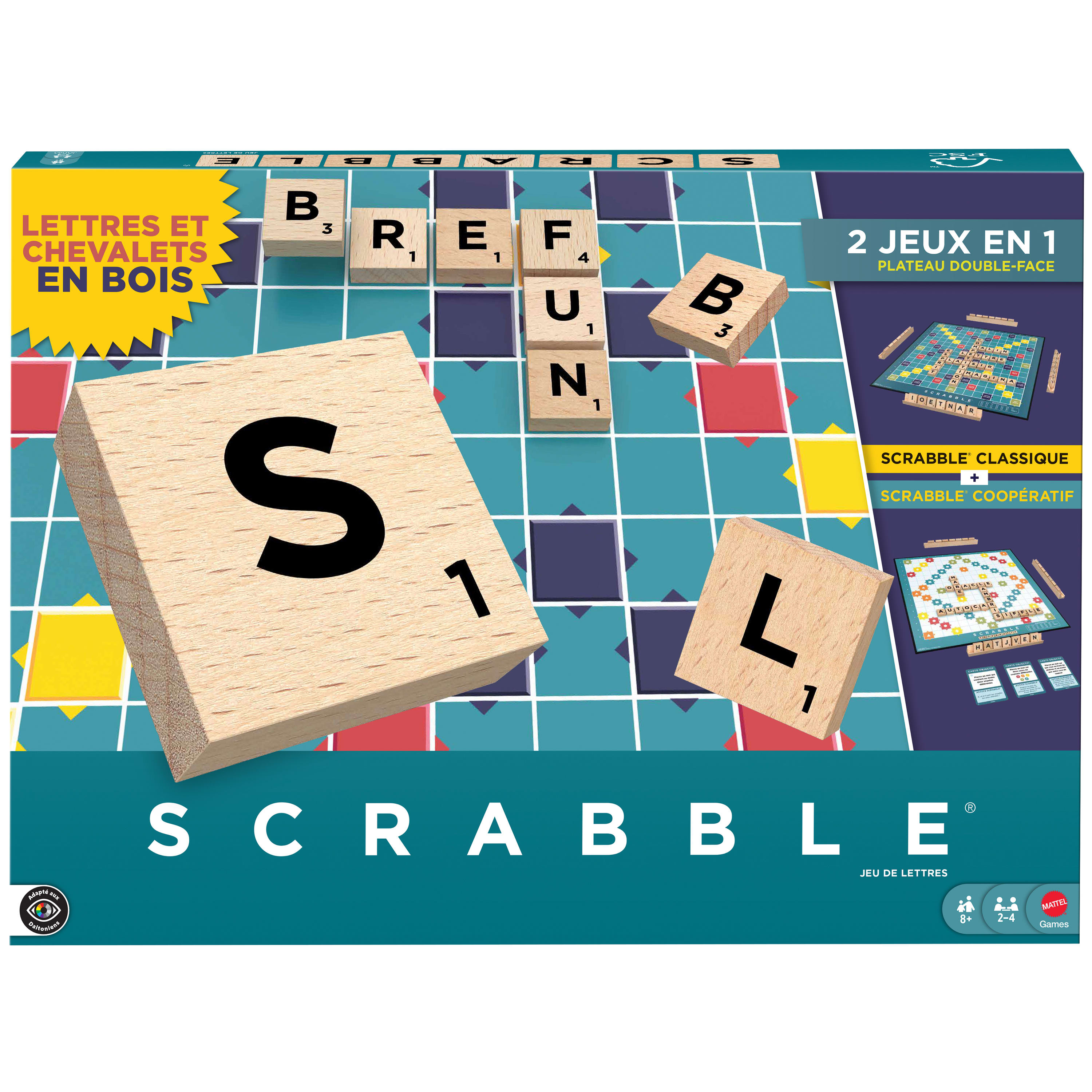 Pudełko do gry Scrabble. Pudełko przedstawia kafelki Scrabble z REFUN, S i L. Pudełko pokazuje również planszę.