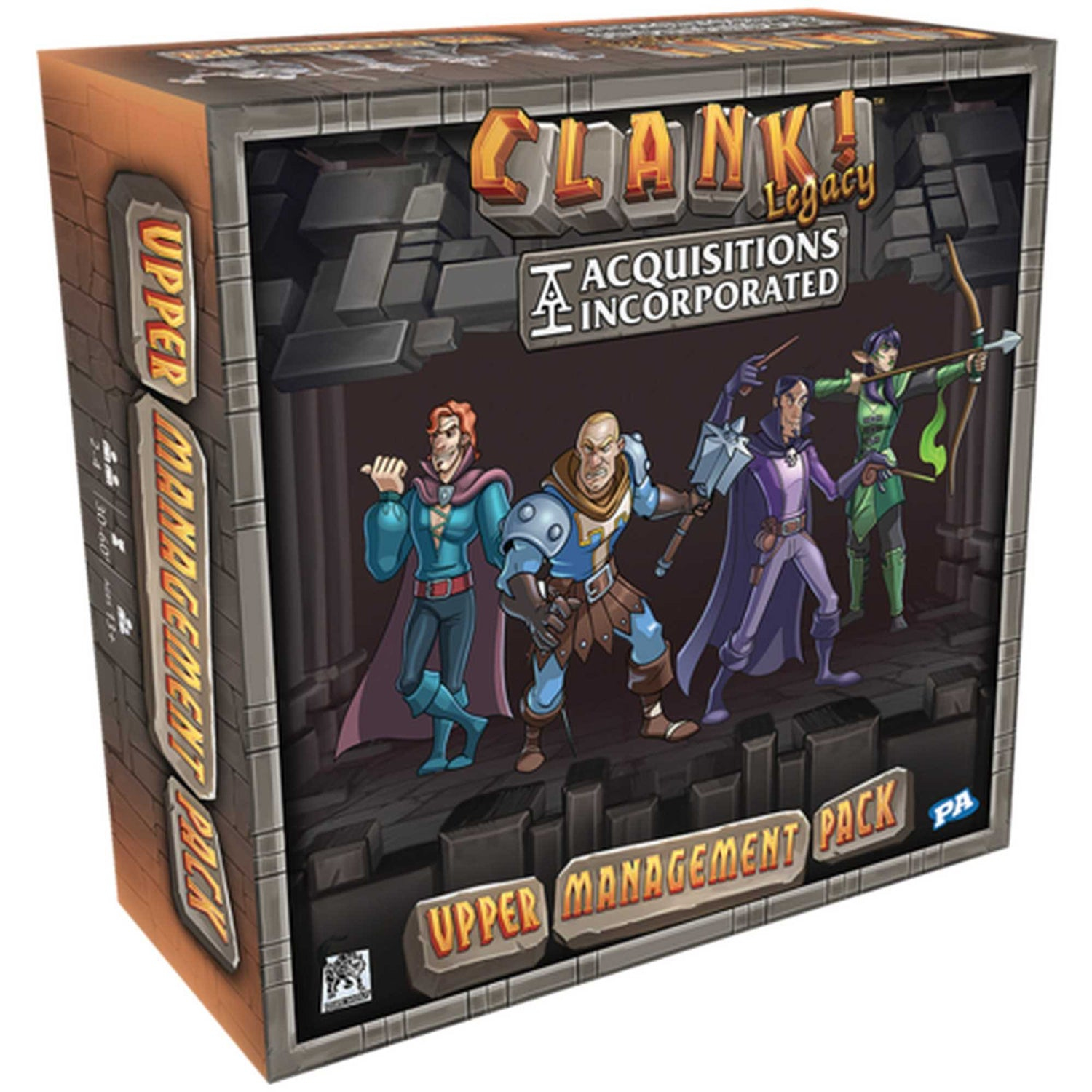 Illustrazione della scatola per 'Clank! Legacy: Acquisitions Incorporated' con quattro personaggi fantasy e il logo del gioco.