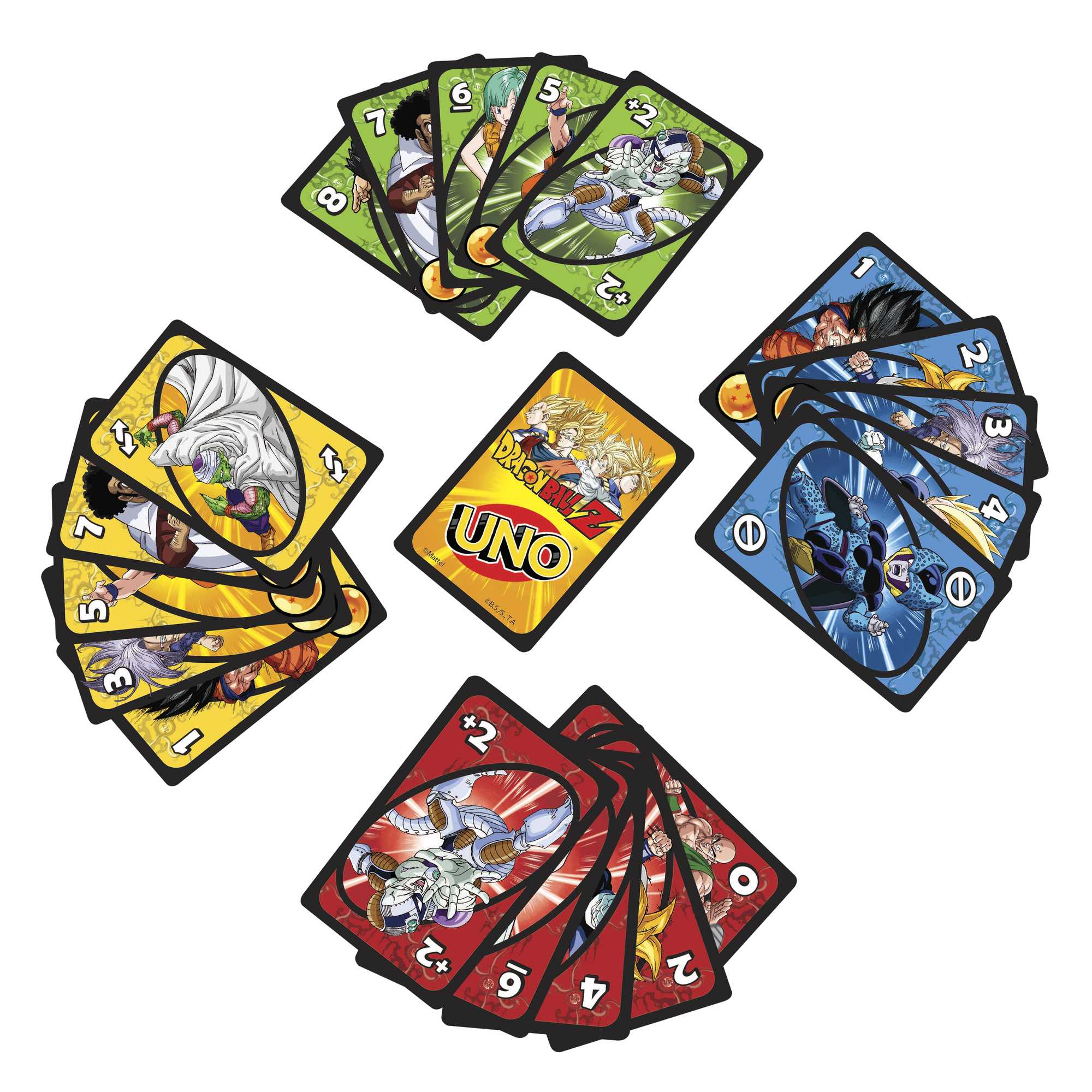 Carte Uno di Dragon Ball Z. Vari personaggi e numeri sulle carte, con sfondi di colori diversi.