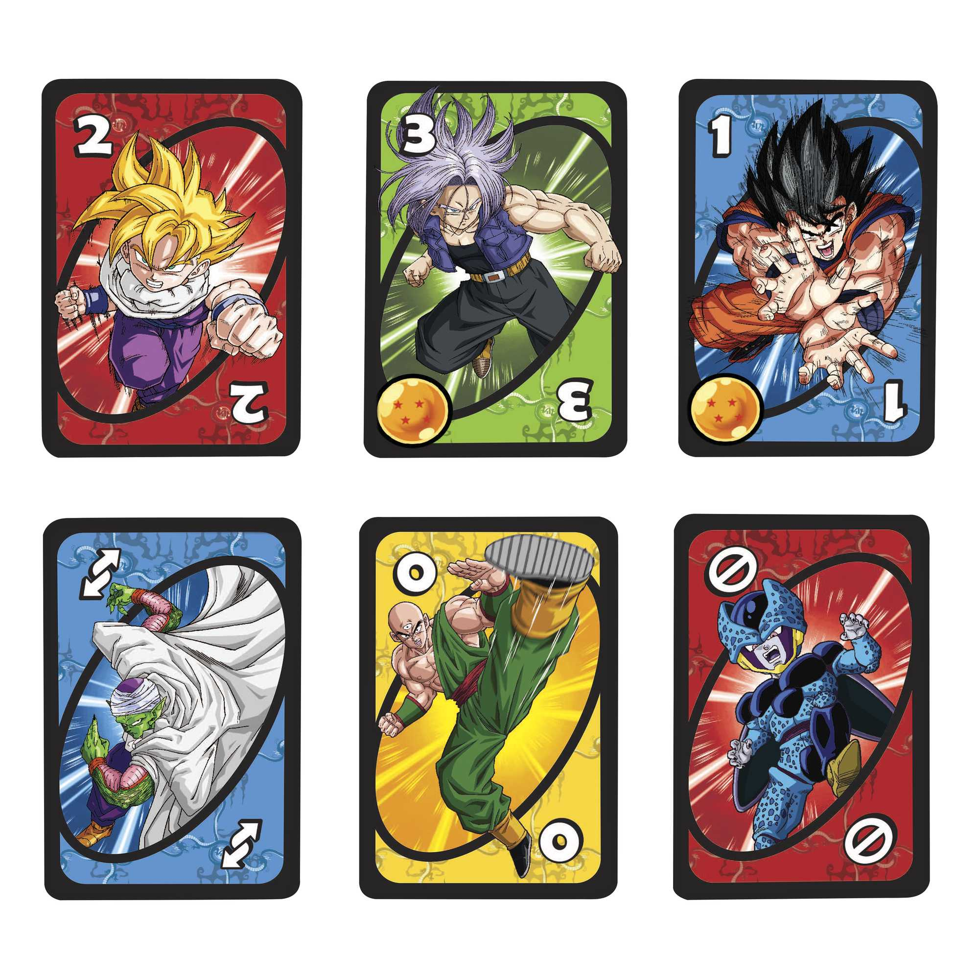 Sei carte Uno di Dragon Ball Z. I personaggi includono Gohan, Trunks, Goku, Piccolo, Tien Shinhan e Cell.
