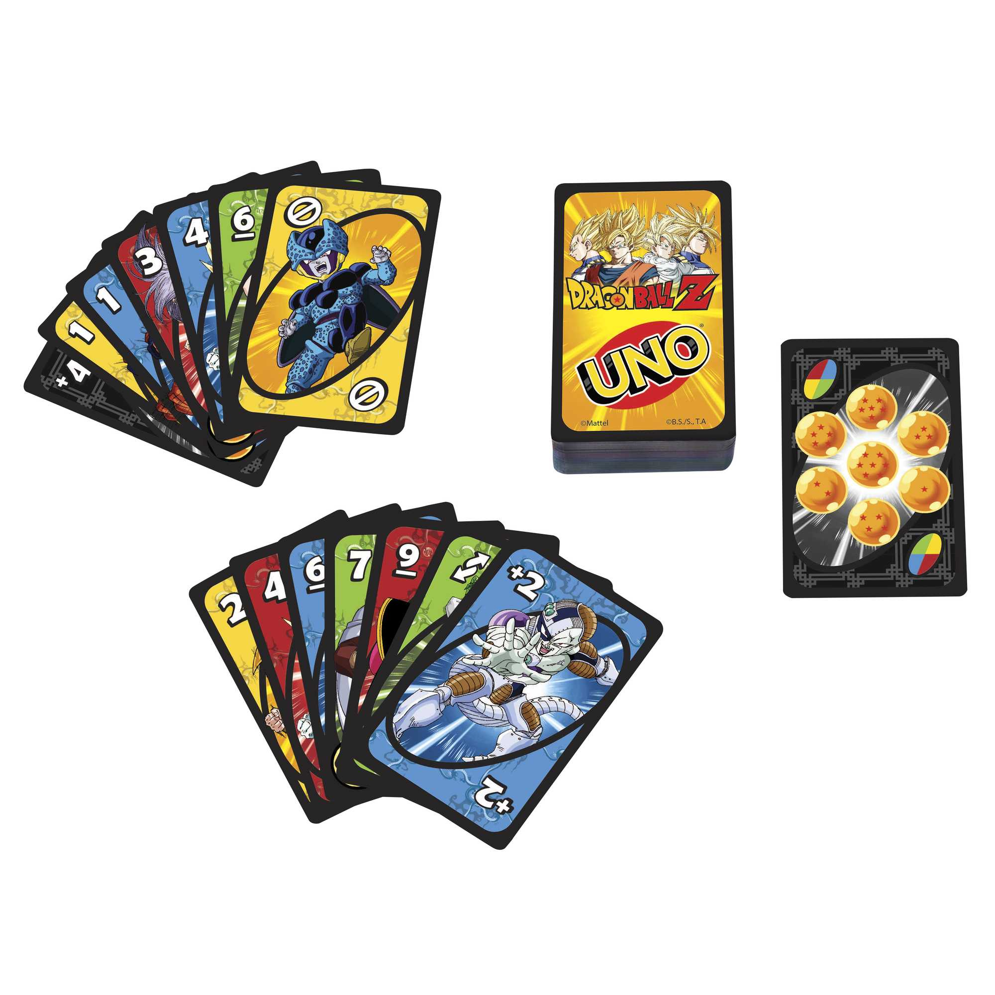 Un gioco di carte UNO a tema Dragon Ball Z. Le carte sono a ventaglio, mostrando personaggi e numeri. Sono visibili anche un mazzo e una carta.