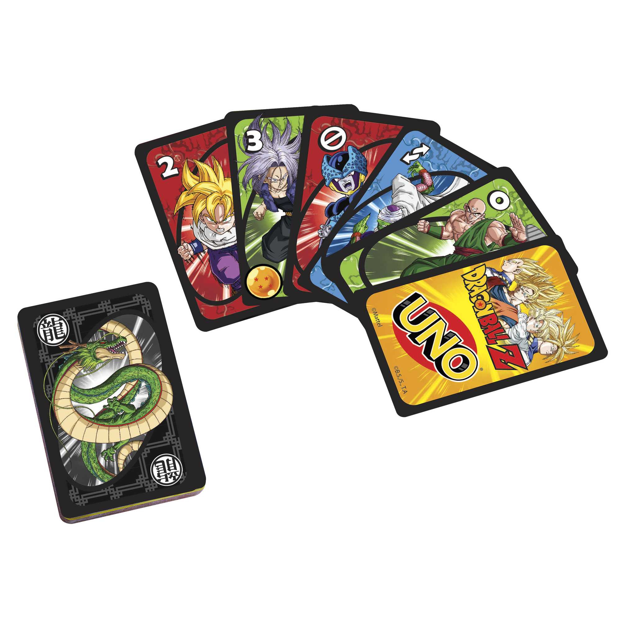 Carte UNO di Dragon Ball Z. Le carte mostrano personaggi, numeri e simboli. A sinistra, una carta con un drago.