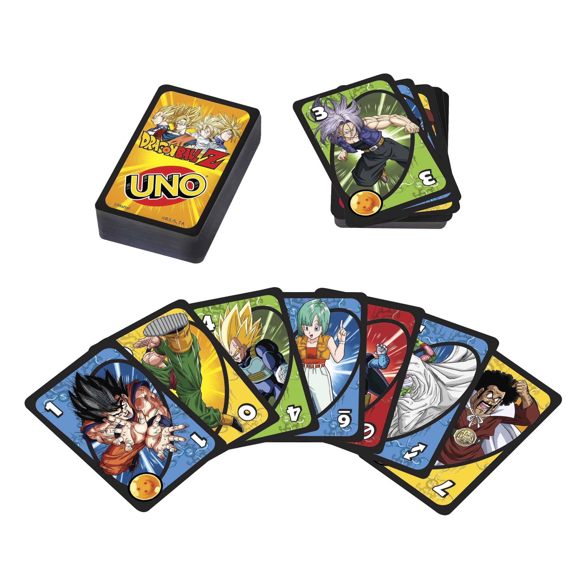 Carte UNO di Dragon Ball Z. Un mazzo di carte e diverse carte a ventaglio sono visibili, con personaggi anime e il logo UNO.