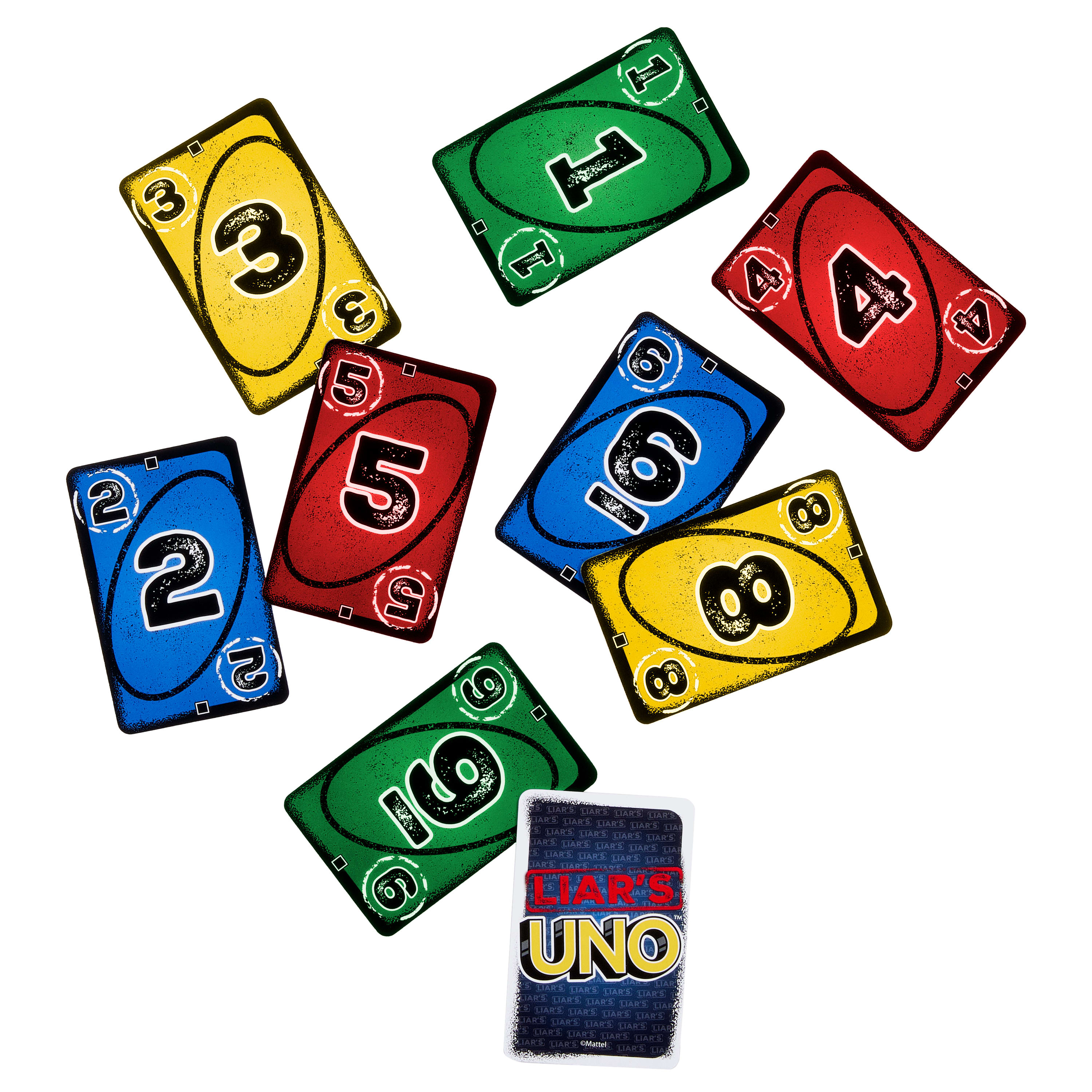 L'immagine mostra carte Liar's Uno sparse su bianco. Le carte sono di vari colori con i numeri da 1 a 9.