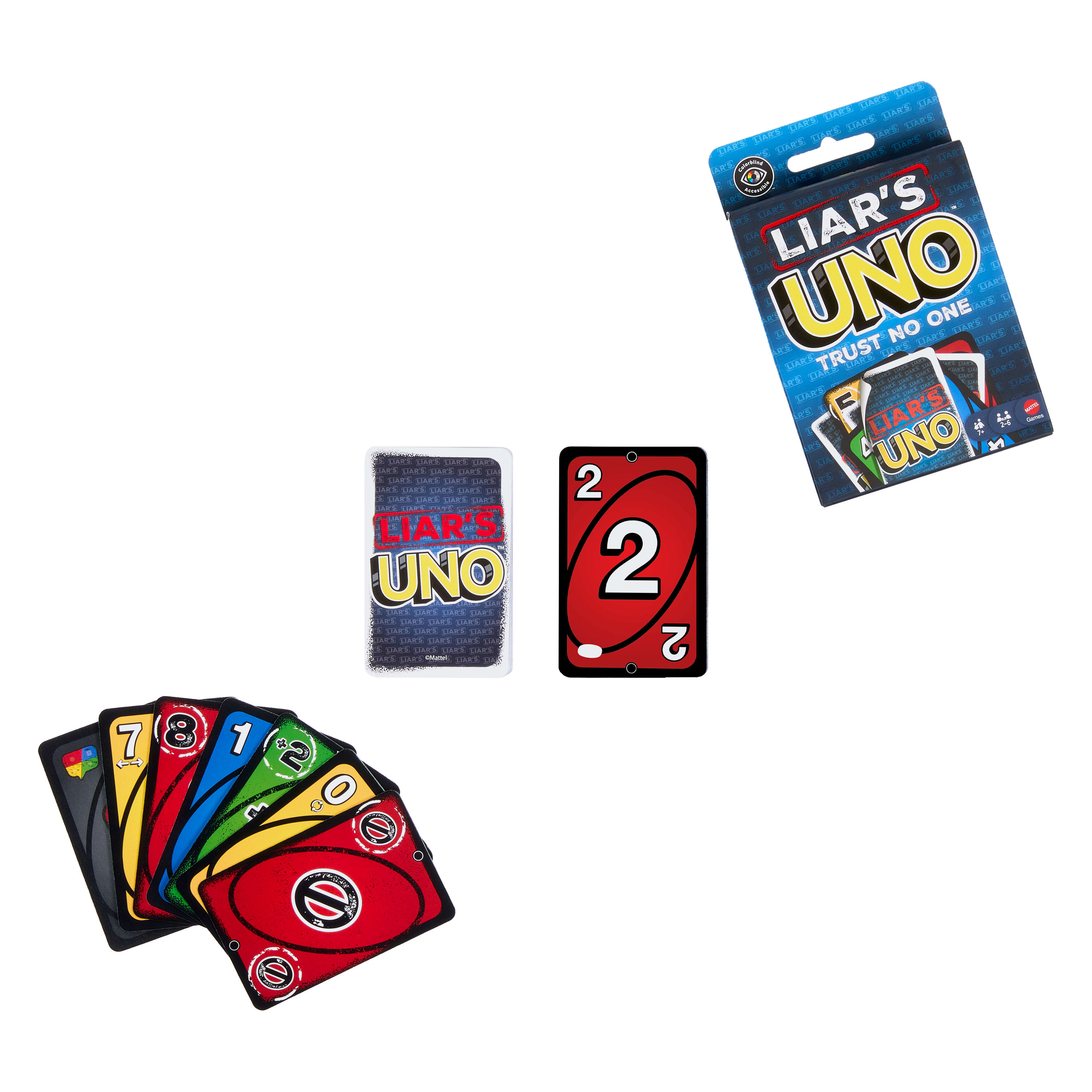 L'immagine mostra il gioco Liar's Uno, inclusa la scatola, un mazzo di carte e singole carte. I colori sono rosso, blu, verde e giallo.