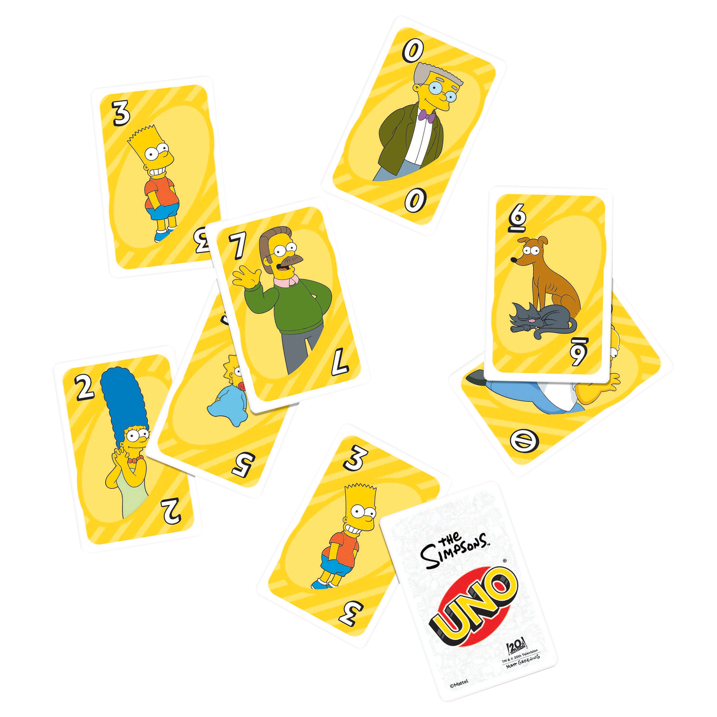 Karty UNO z Simpsonami rozrzucone na białym tle. Postacie to Bart, Marge, Ned Flanders i Pan Burns. Widoczne logo gry.