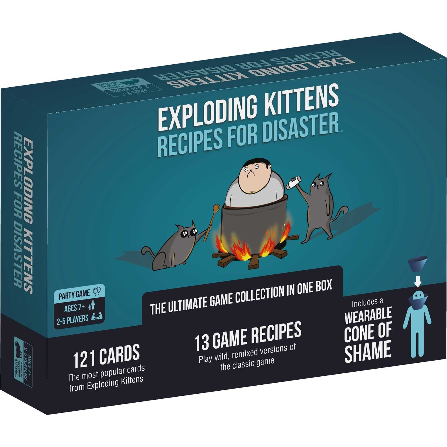 Scatola Exploding Kittens. Presenta gatti dei cartoni animati, un pentolone e un cono della vergogna.