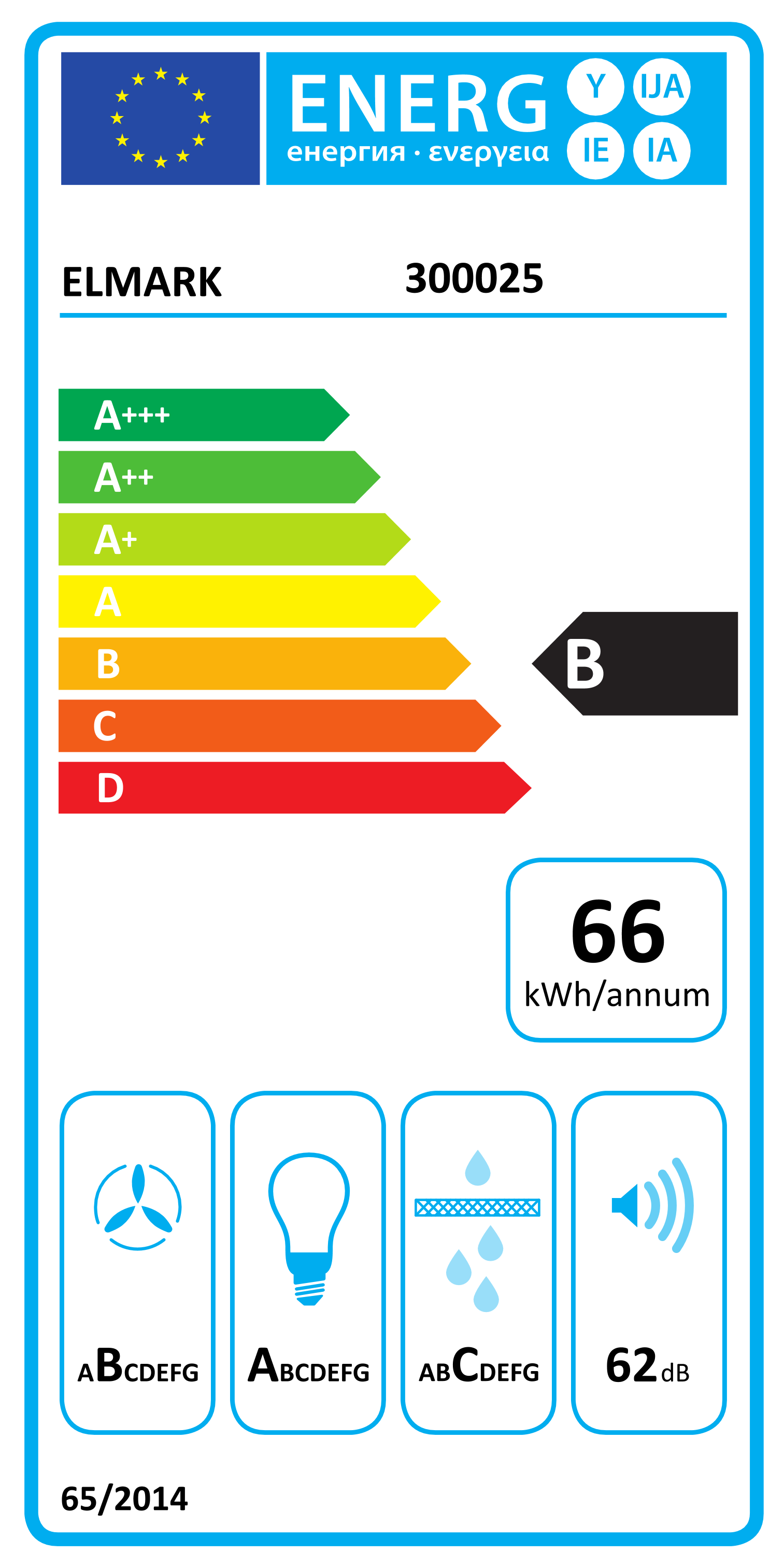 Etichetta energetica con valutazioni da A+++ a D, icone di lampadina e livello sonoro e testi ELMARK e 300025.