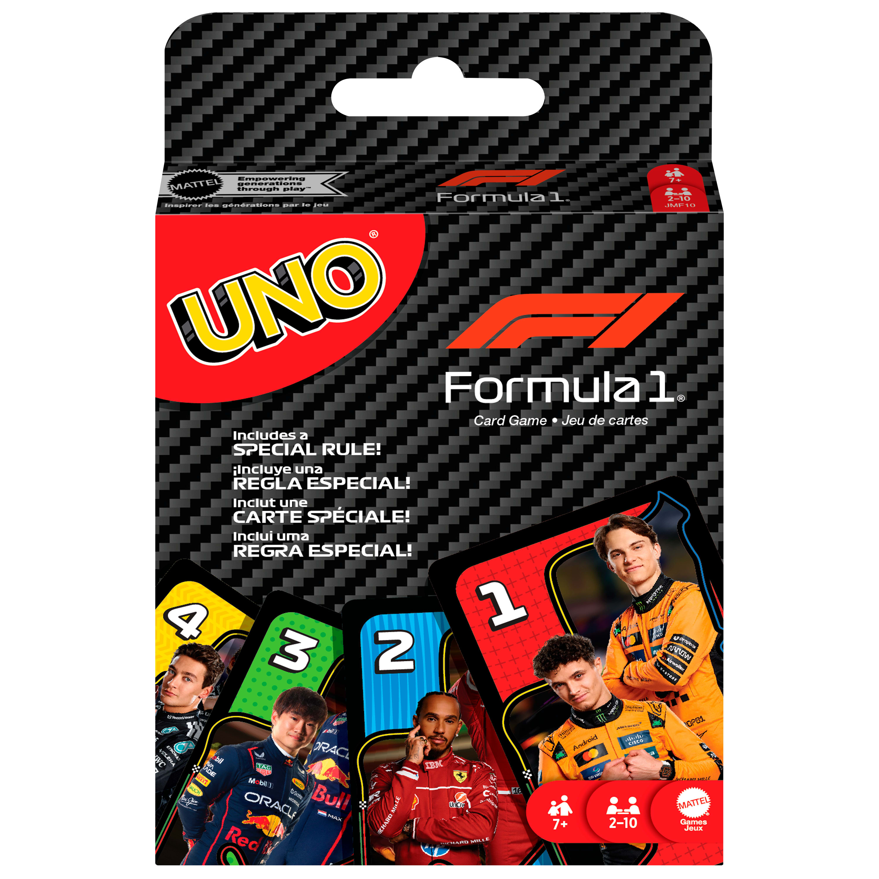 Scatola del gioco di carte UNO. Presenta il marchio Formula 1 e immagini di piloti.