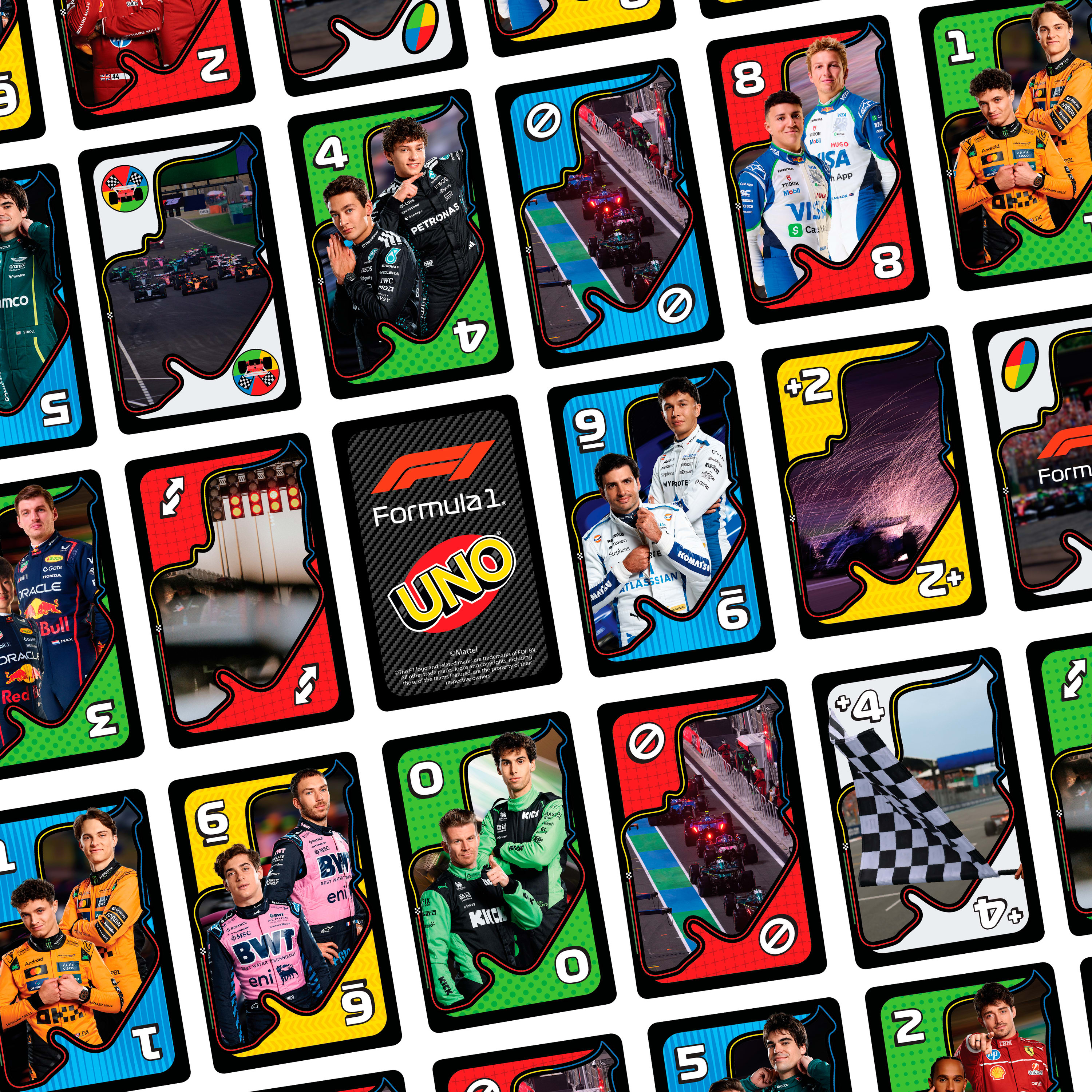 Carte da gioco Uno con piloti di Formula 1 e scene di gara.