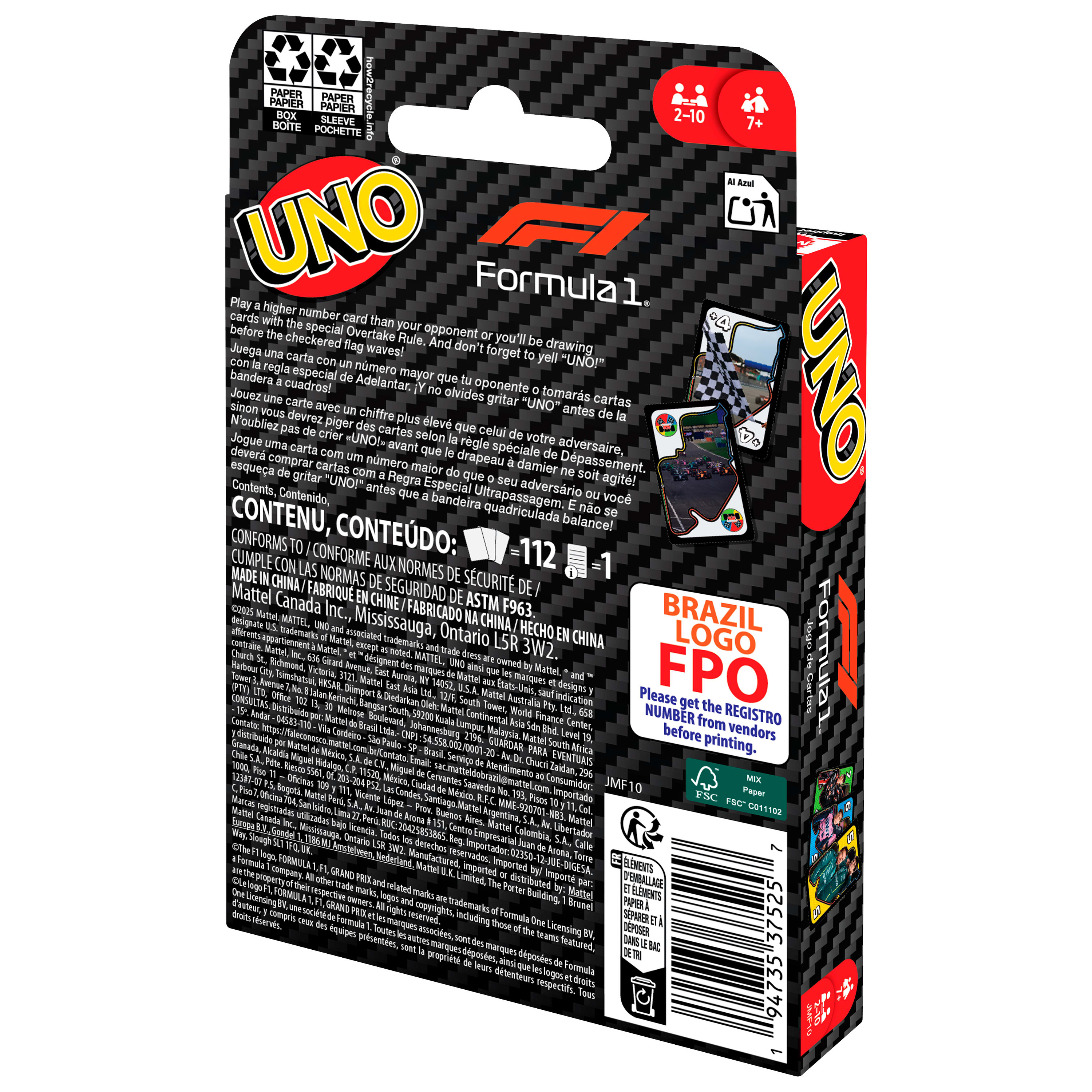 Scatola di cartone del gioco Uno Formula 1, con testo e grafica, colori rosso e nero, logo F1.