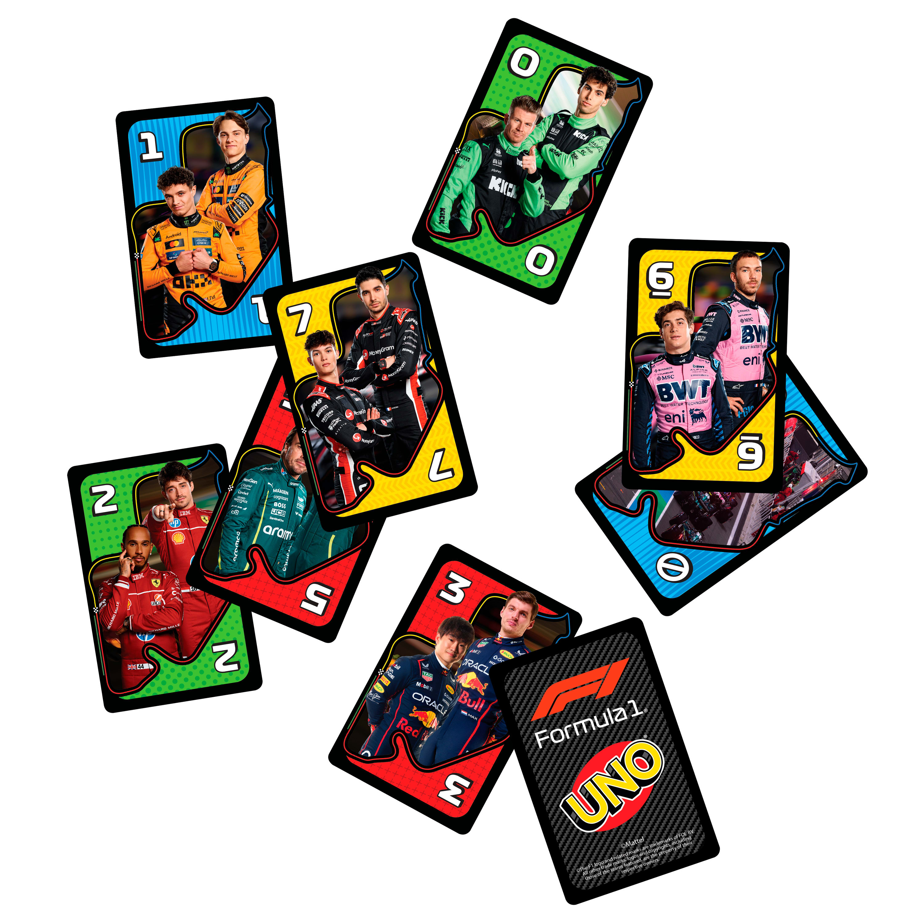Carte del gioco Uno con piloti di Formula 1. Le carte raffigurano piloti e numeri. Lo sfondo è bianco.