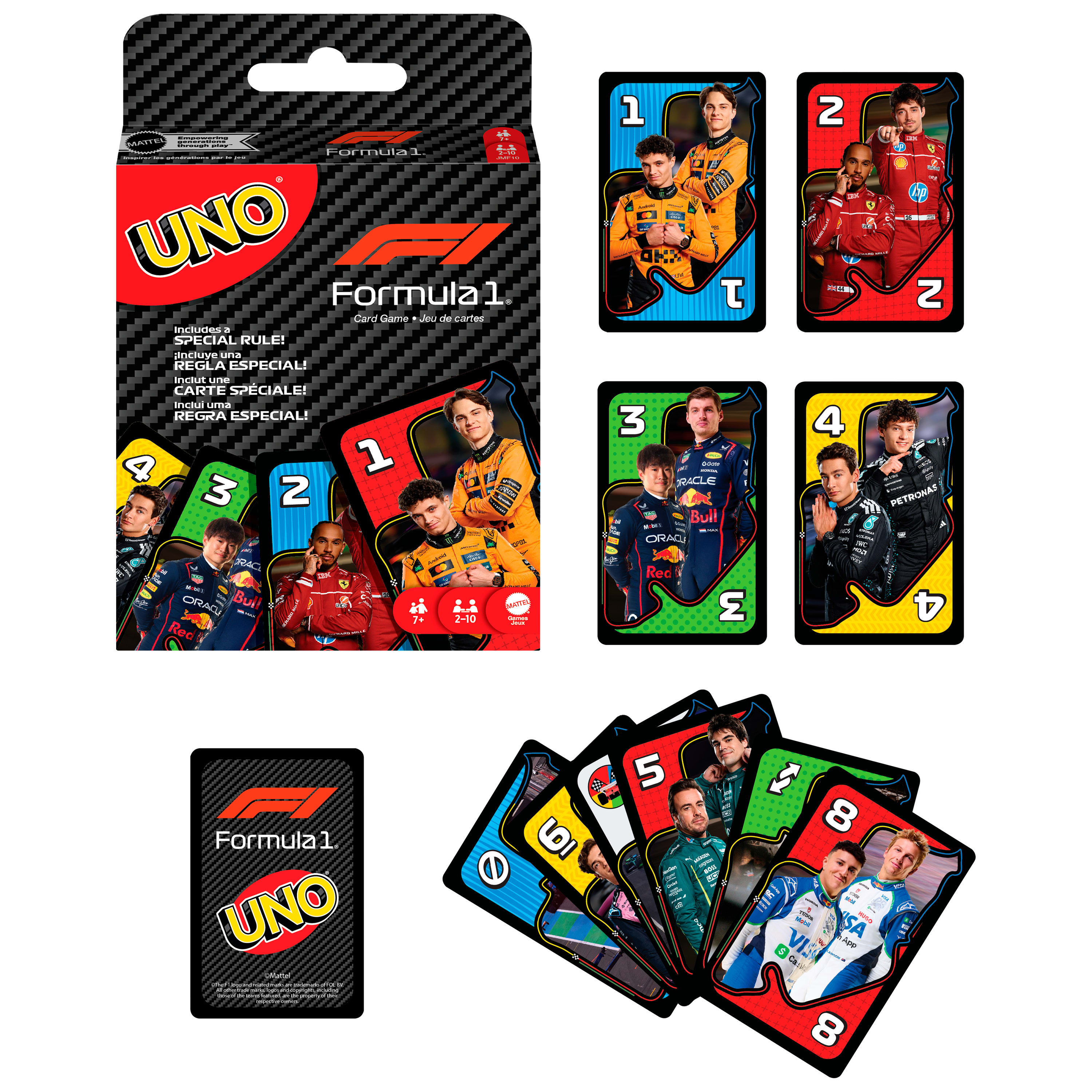 Gioco di carte Uno Formula 1. Carte con piloti e numeri. La scatola mostra carte e logo.