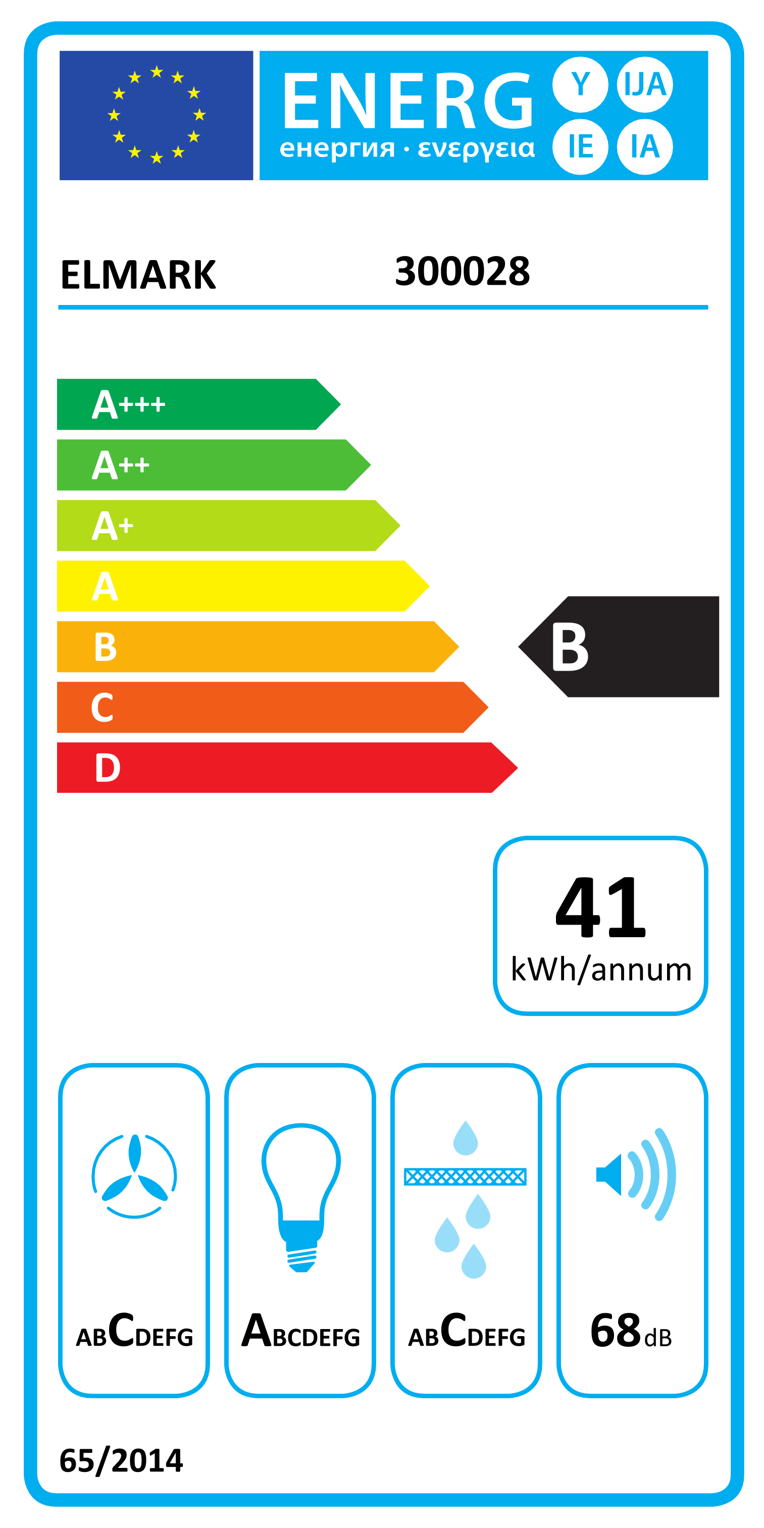 Etichetta di efficienza energetica con valutazioni da A+++ a D, che indica B. Mostra il consumo di energia e il livello sonoro.