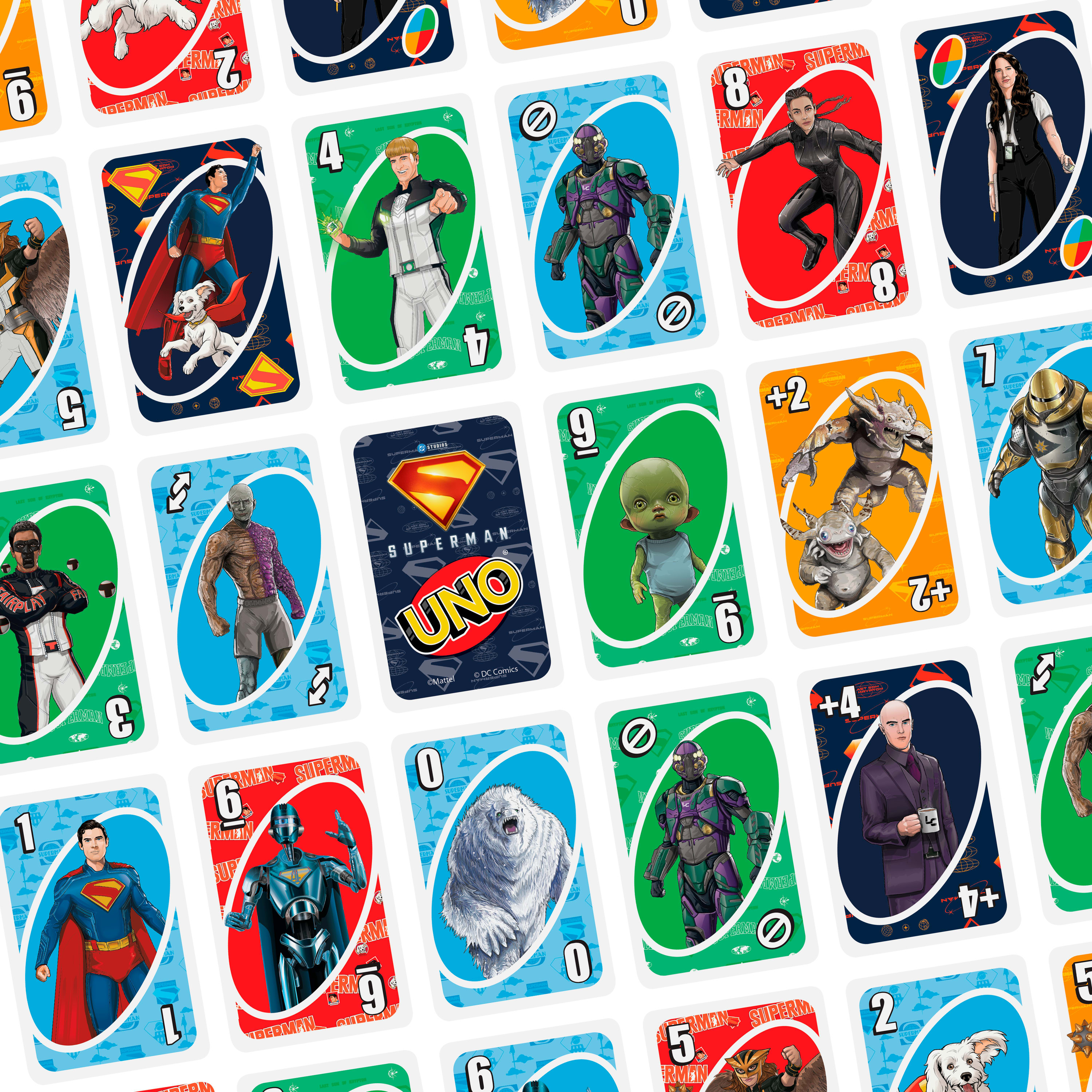 Immagine di più carte UNO di Superman, con vari personaggi, colori e numeri. Le carte sono in un motivo a griglia.