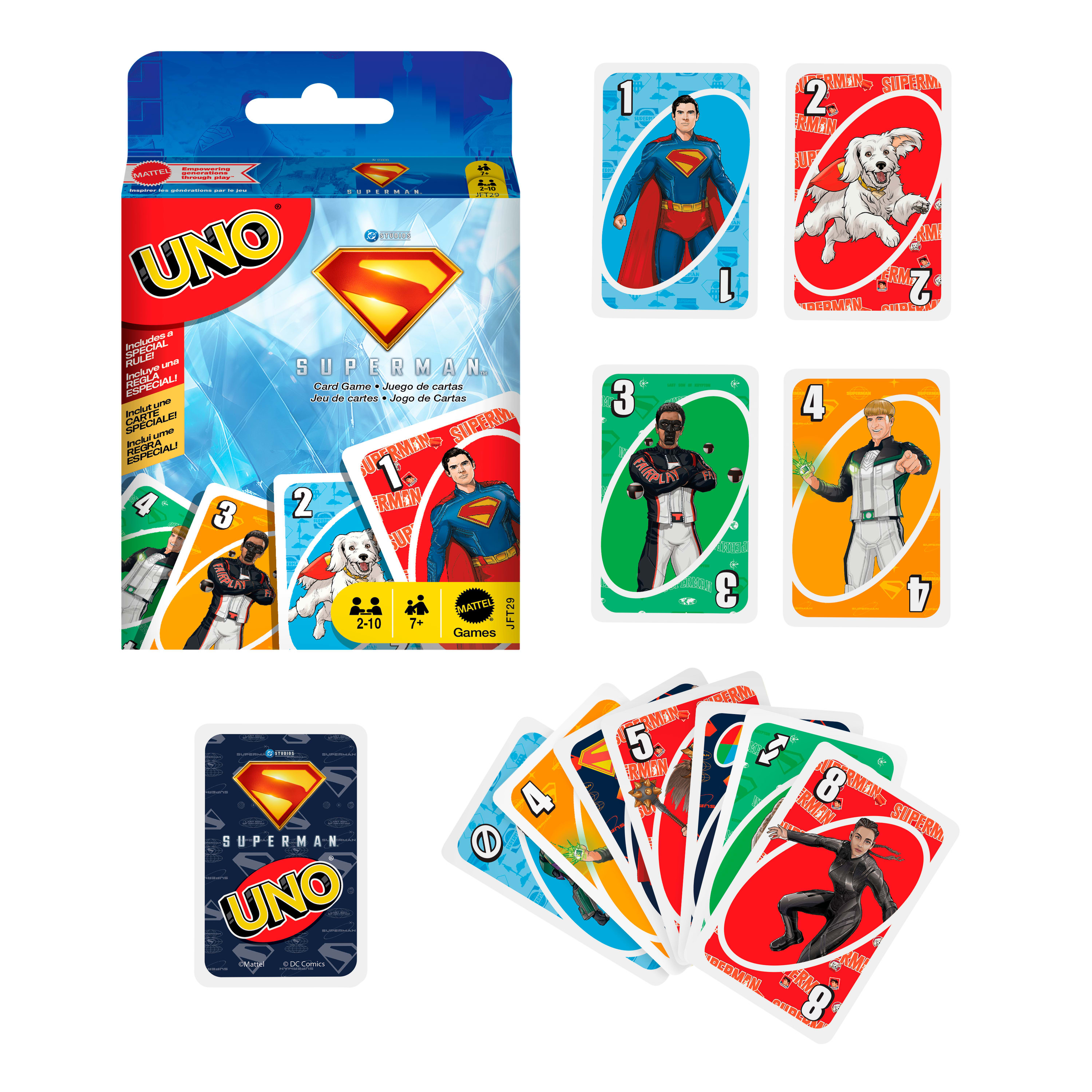 Gioco di carte Superman Uno. Carte con personaggi e loghi di Superman. Scatola di carte sullo sfondo.