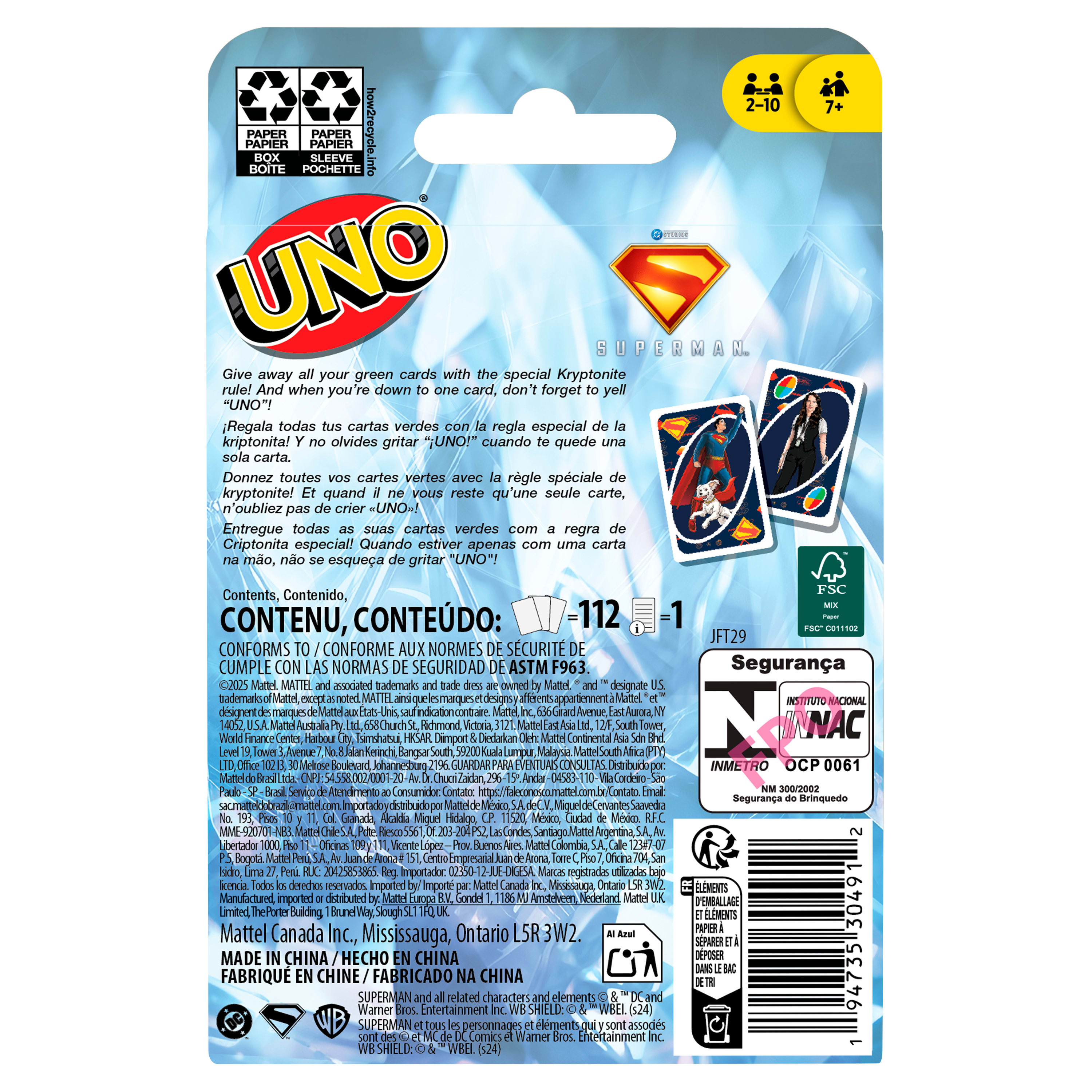 Scatola di carte Uno, tema Superman, con istruzioni. Contiene più carte con immagini.