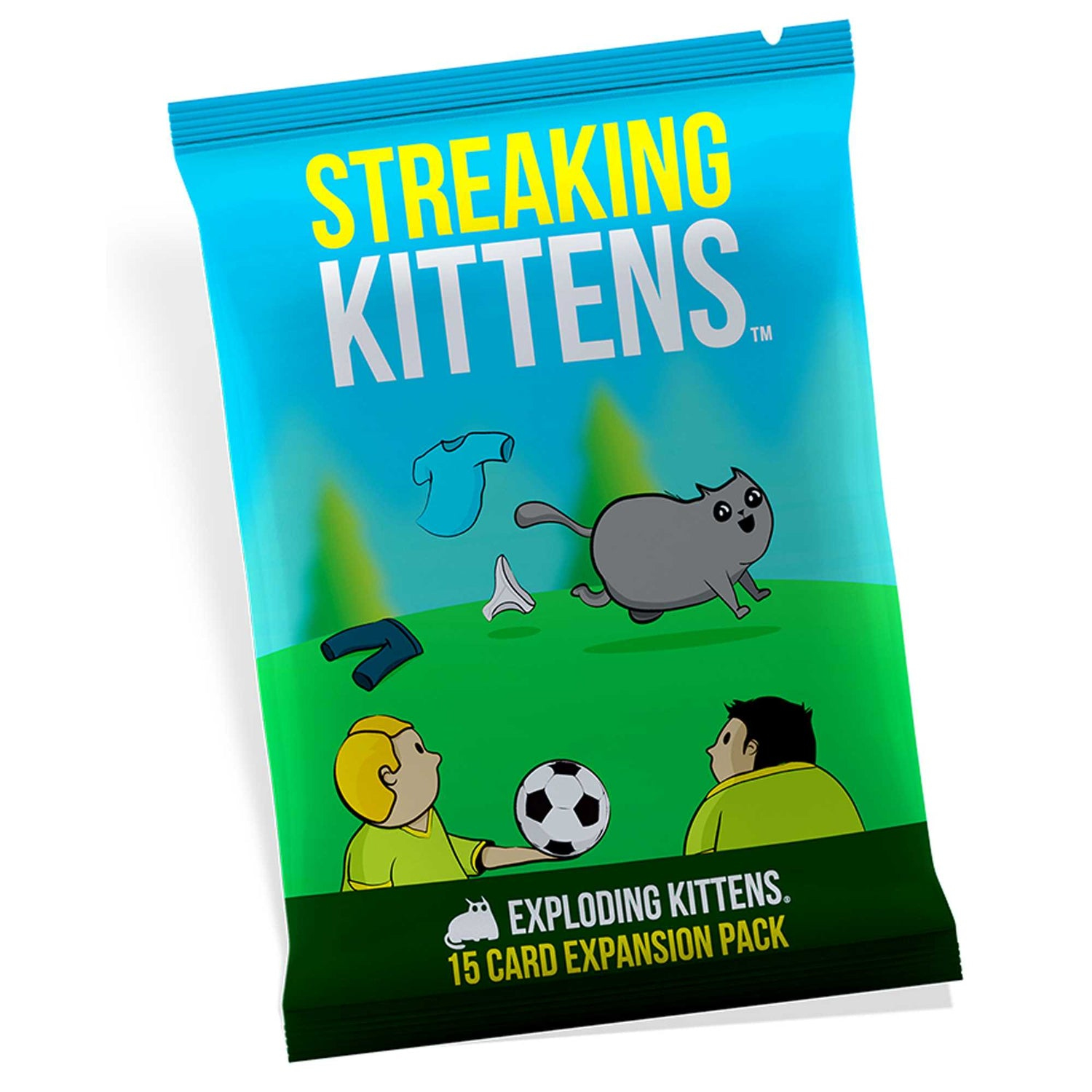 Una confezione di gioco di carte, parte superiore blu con testo 'Streaking Kittens', grafica di gatto, pallone da calcio e due figure che giocano.