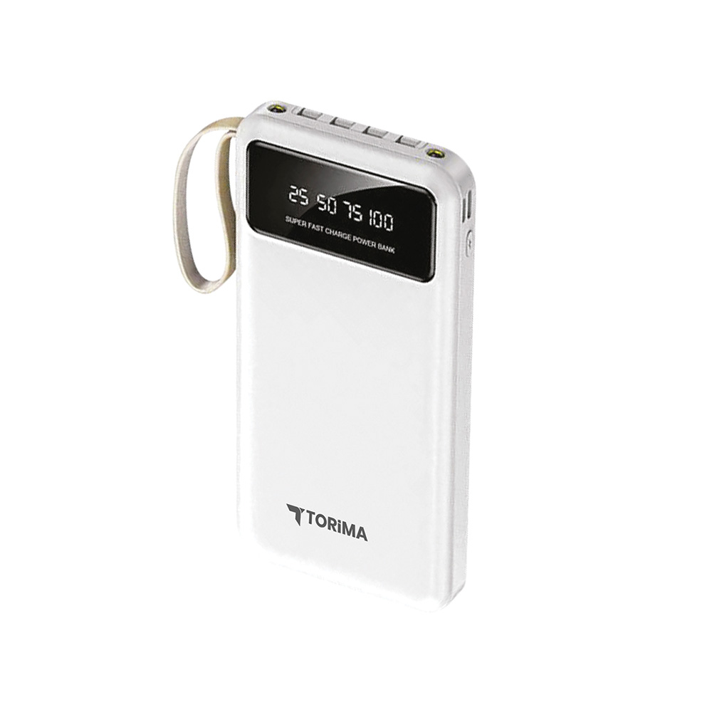 Şarj seviyesini gösteren dijital ekranlı beyaz powerbank. Bir döngüsü vardır ve 'TORIMA' marka adı görünür.