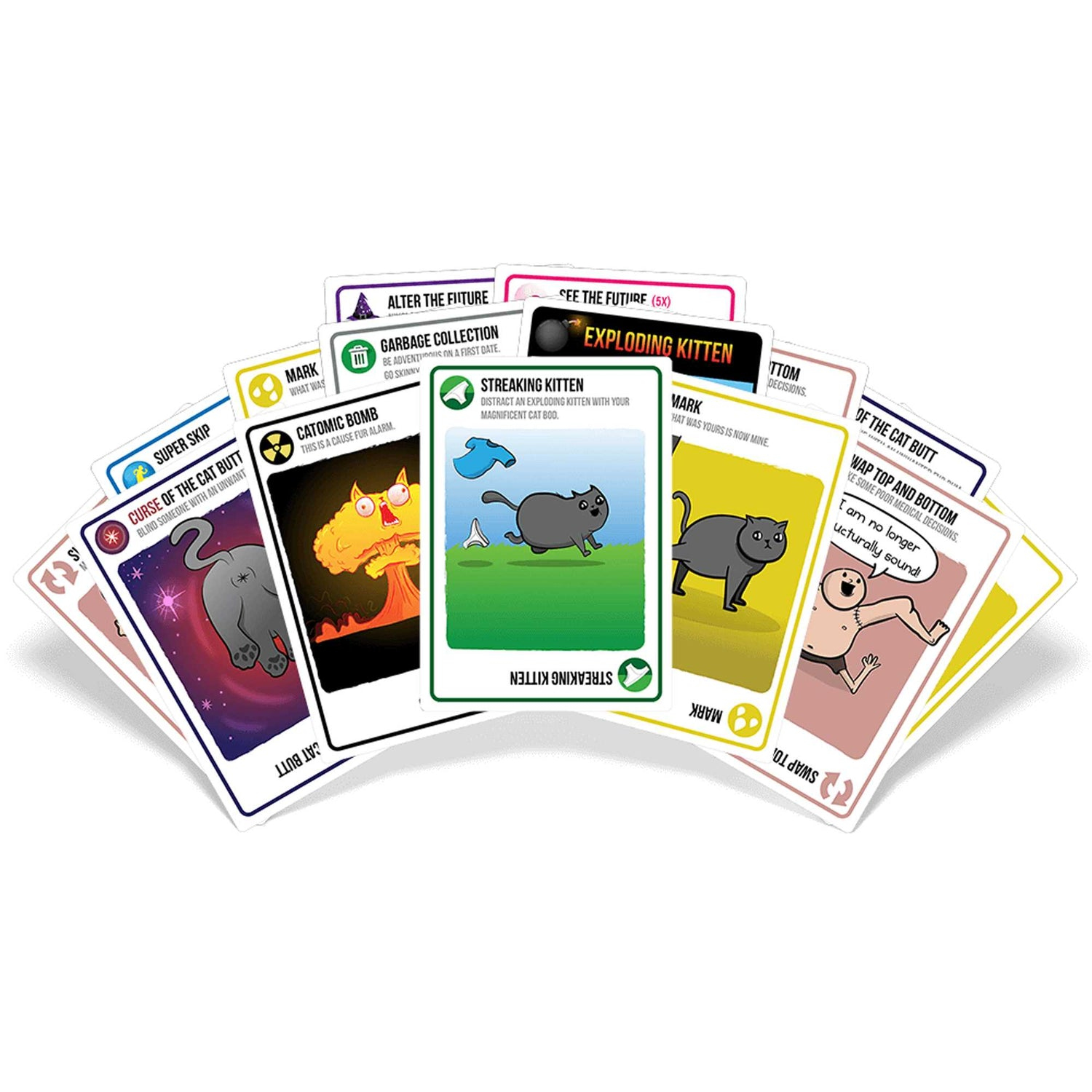 Carte del gioco Exploding Kittens a ventaglio. Le carte mostrano immagini e testo umoristici.