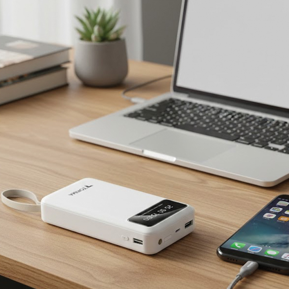 Ahşap bir masanın üzerinde beyaz bir powerbank, dizüstü bilgisayar ve akıllı telefon. Ayrıca küçük bir bitki ve kitaplar da var.
