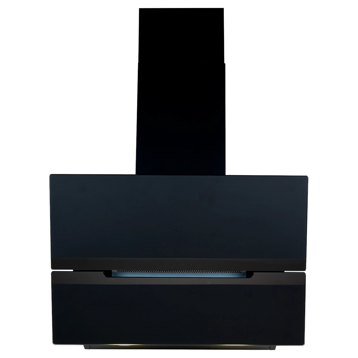 Eine moderne schwarze Dunstabzugshaube. Sie hat ein rechteckiges Design mit einem oberen und einem unteren Bereich mit einem Licht.