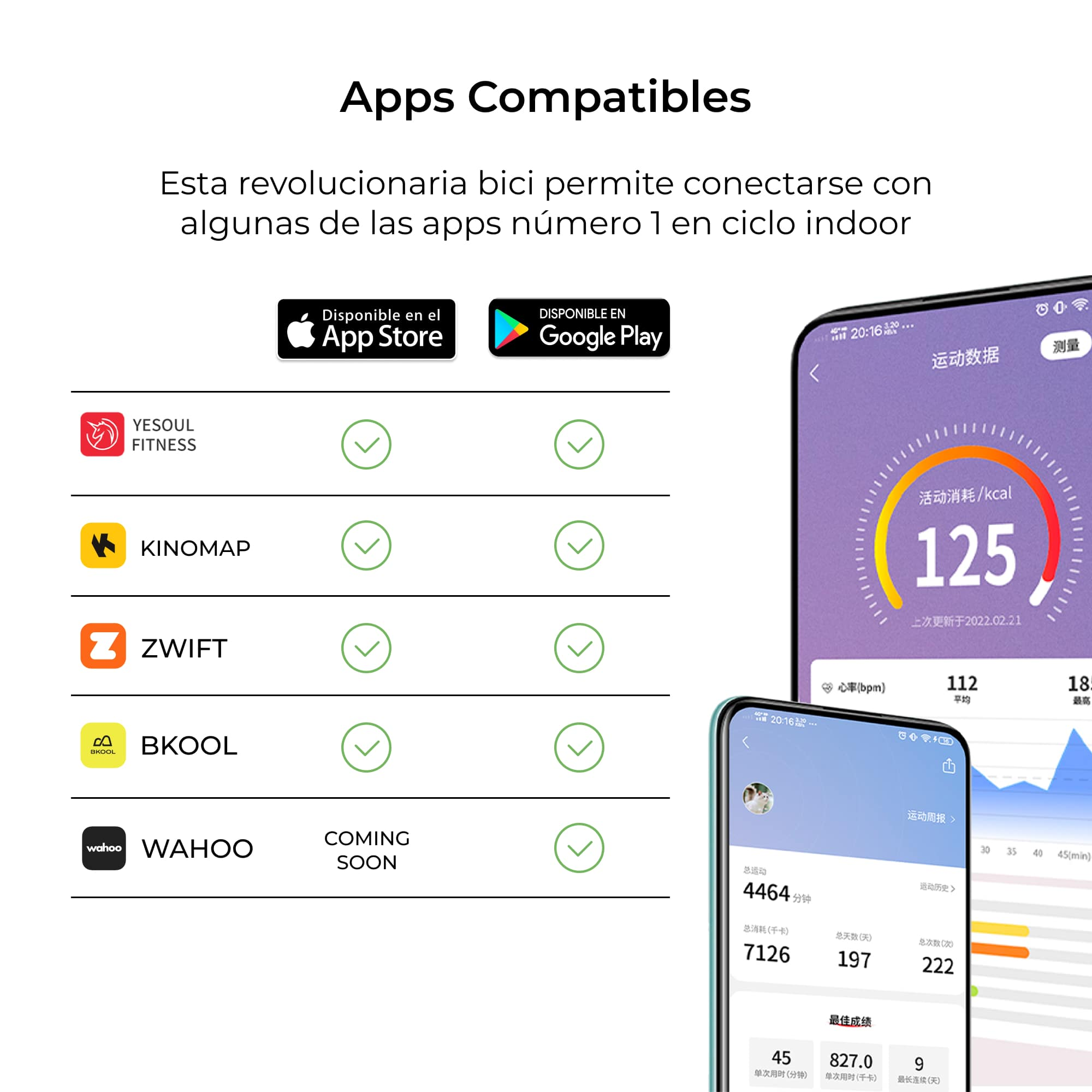 L'immagine mostra una bici con compatibilità app. Mostra loghi di app e schermate di dati di fitness.