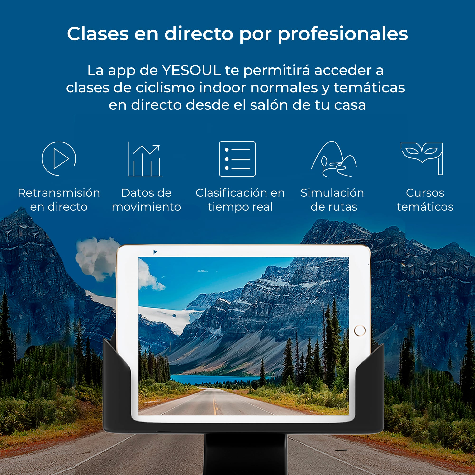 Tablet che mostra una strada di montagna. Il testo descrive lezioni di ciclismo dal vivo da casa.