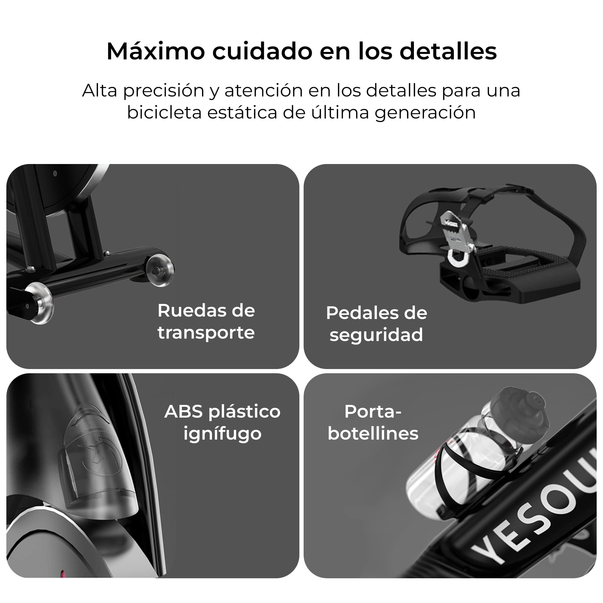L'immagine mostra i dettagli di una cyclette: ruote, pedali, componenti in plastica e un portabottiglie.