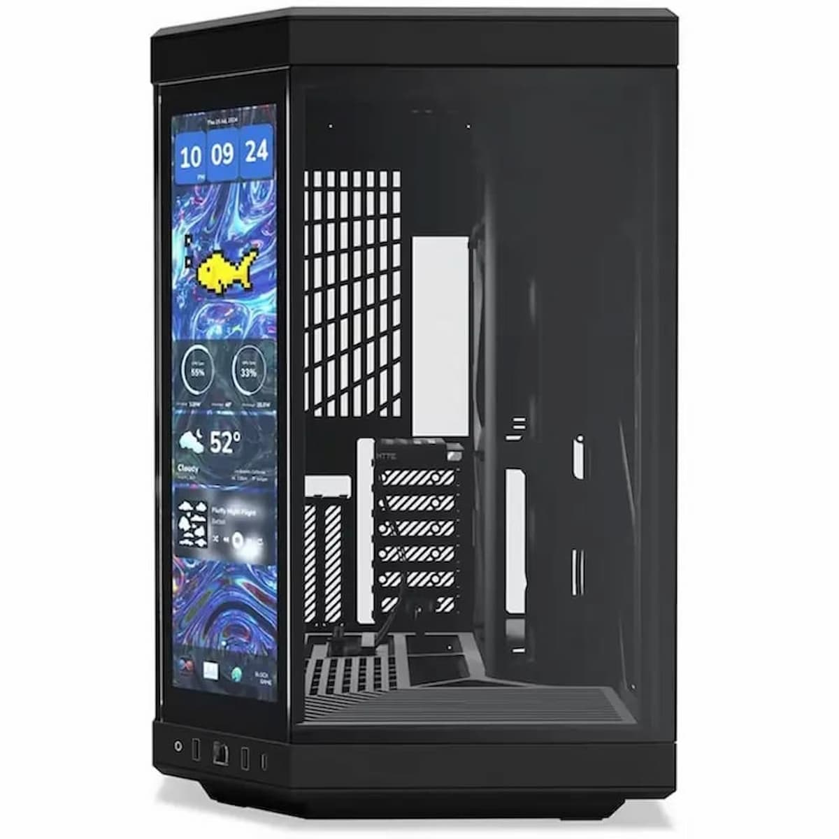 Un case per computer nero con frontale in vetro che mostra info meteo e componenti interni. Dettagli: schermo, prese d'aria, parti interne.