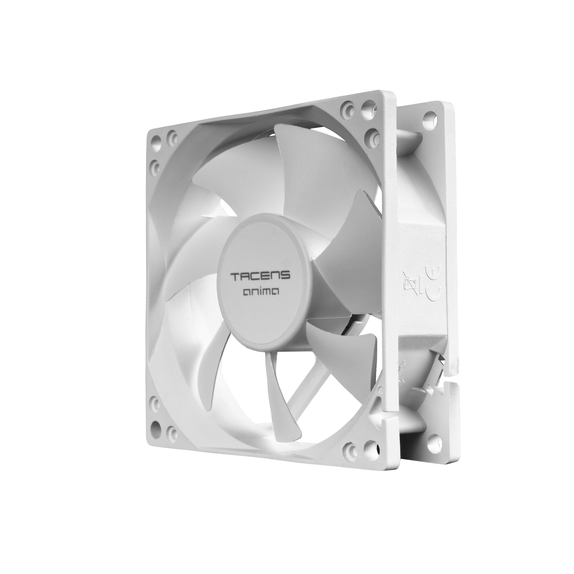 Ventilador de ordenador blanco con aspas curvas y el logotipo 'TACENS anima' sobre fondo blanco.