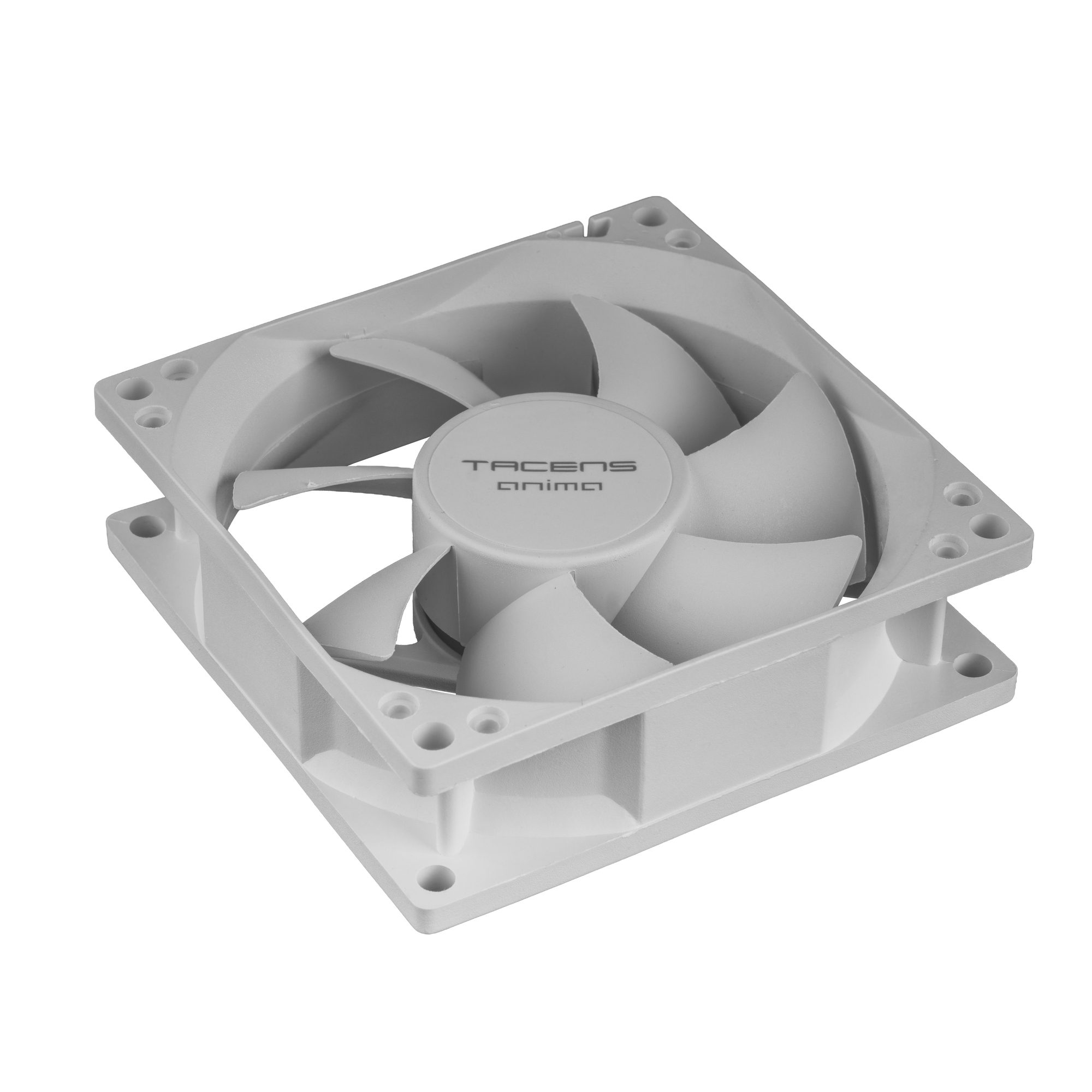 Un ventilador de computadora blanco con siete aspas. El centro tiene el logo 'TACENS Anima'. El marco tiene agujeros de montaje.
