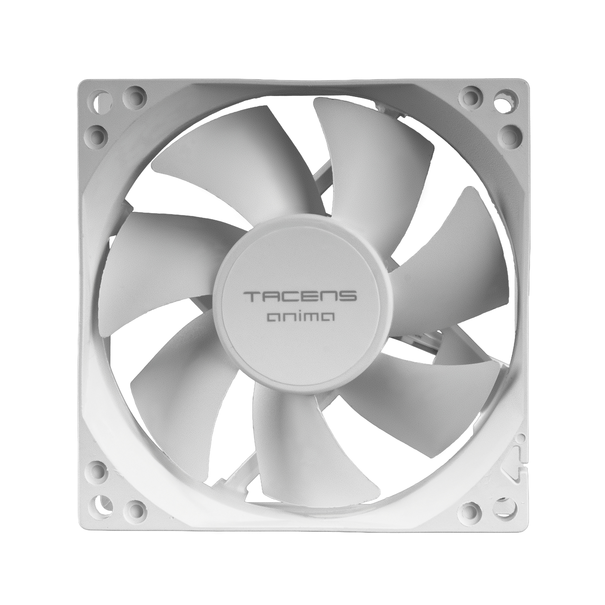Un ventilador de computadora blanco con siete aspas. El centro tiene el texto 'TACENS anima'. El marco tiene agujeros.