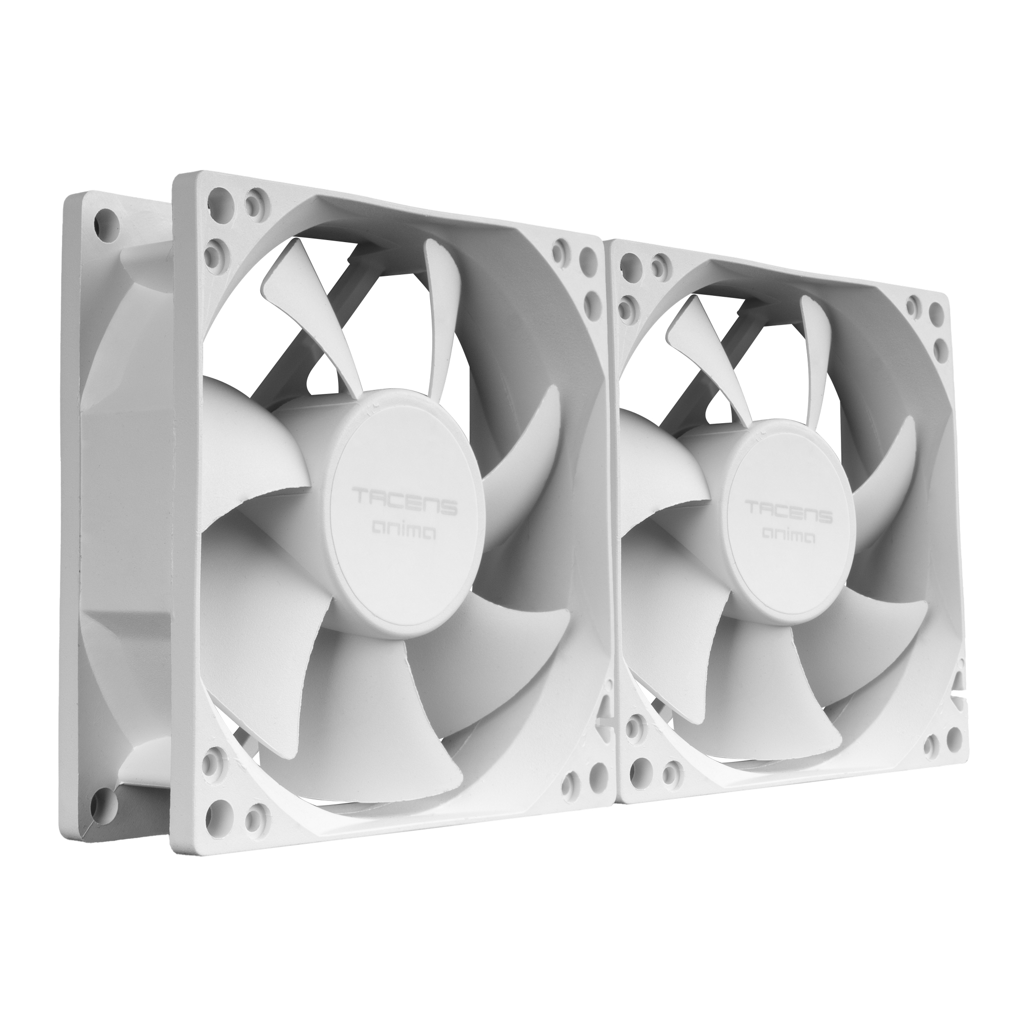 Dos ventiladores blancos de computadora uno al lado del otro. Cada uno tiene aspas y la marca 'TACENS anima'.