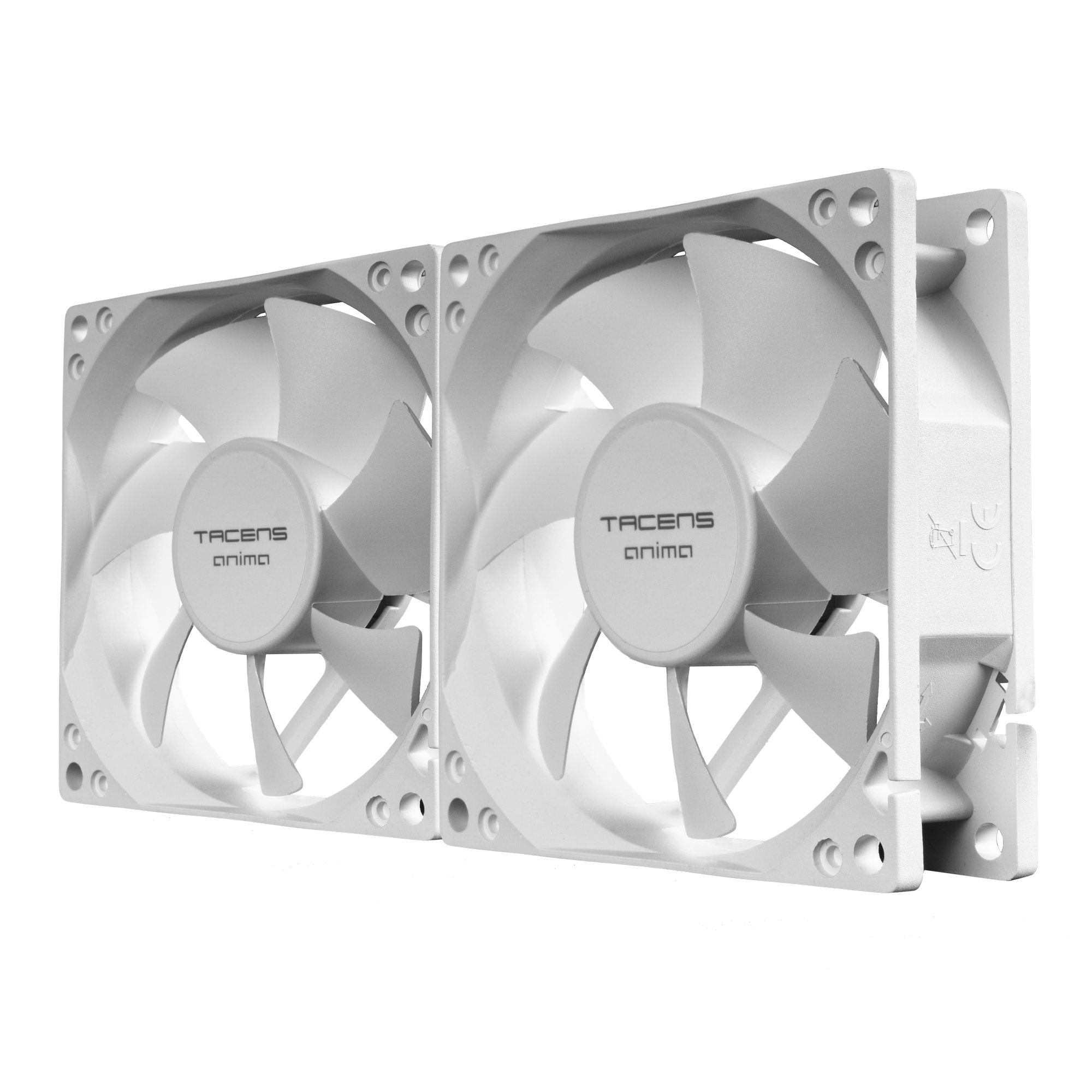 Dos ventiladores de computadora blancos uno al lado del otro. Cada uno tiene aspas, una etiqueta central 'TACENS anima' y marco cuadrado.