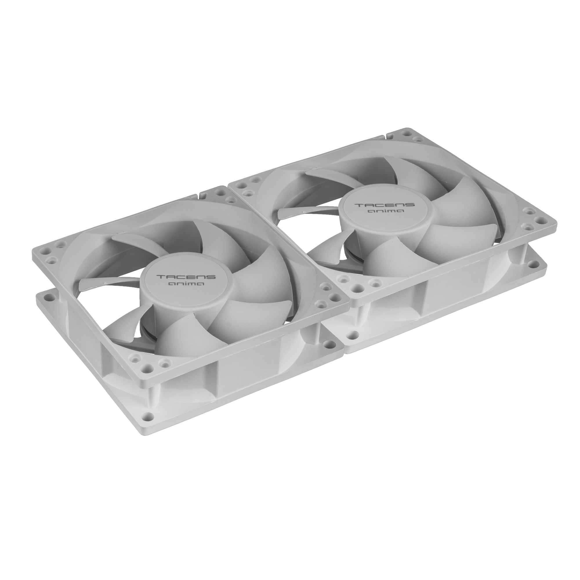 Dos ventiladores de ordenador blancos, apilados uno encima del otro, sobre un fondo blanco. Cada ventilador tiene el texto "TACENS anima".