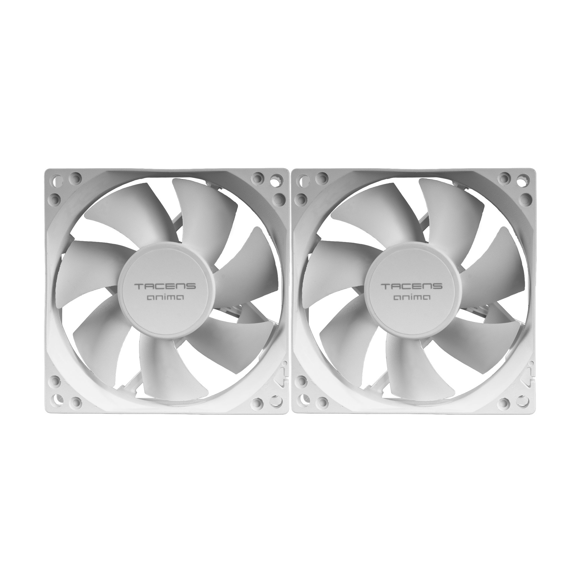 Dos ventiladores de ordenador blancos idénticos. Cada uno tiene siete aspas y la marca 'TACENS anima' en el centro.