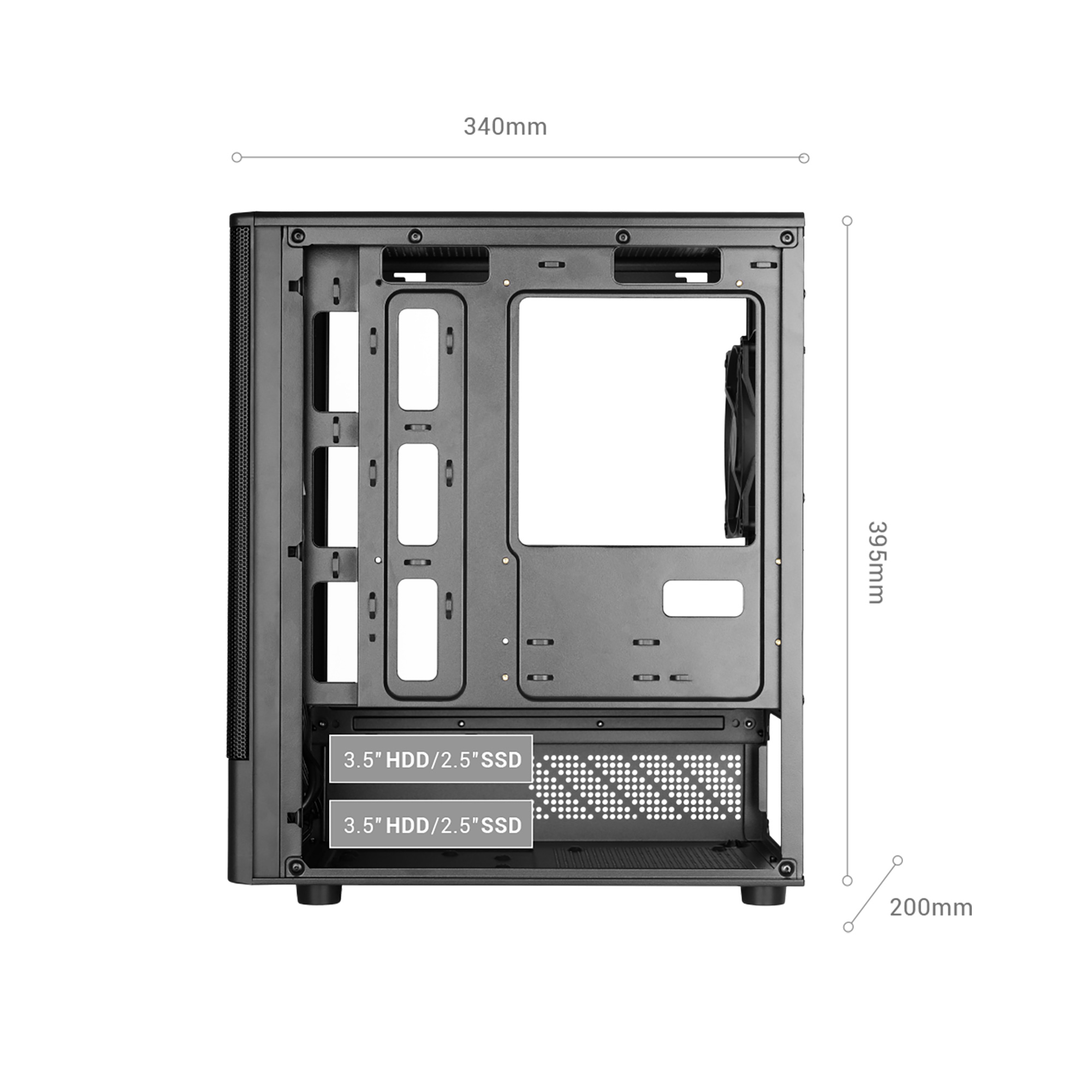 Viene mostrato un case per computer, che mostra dimensioni e componenti interni. Include aree etichettate per l'archiviazione HDD/SSD.