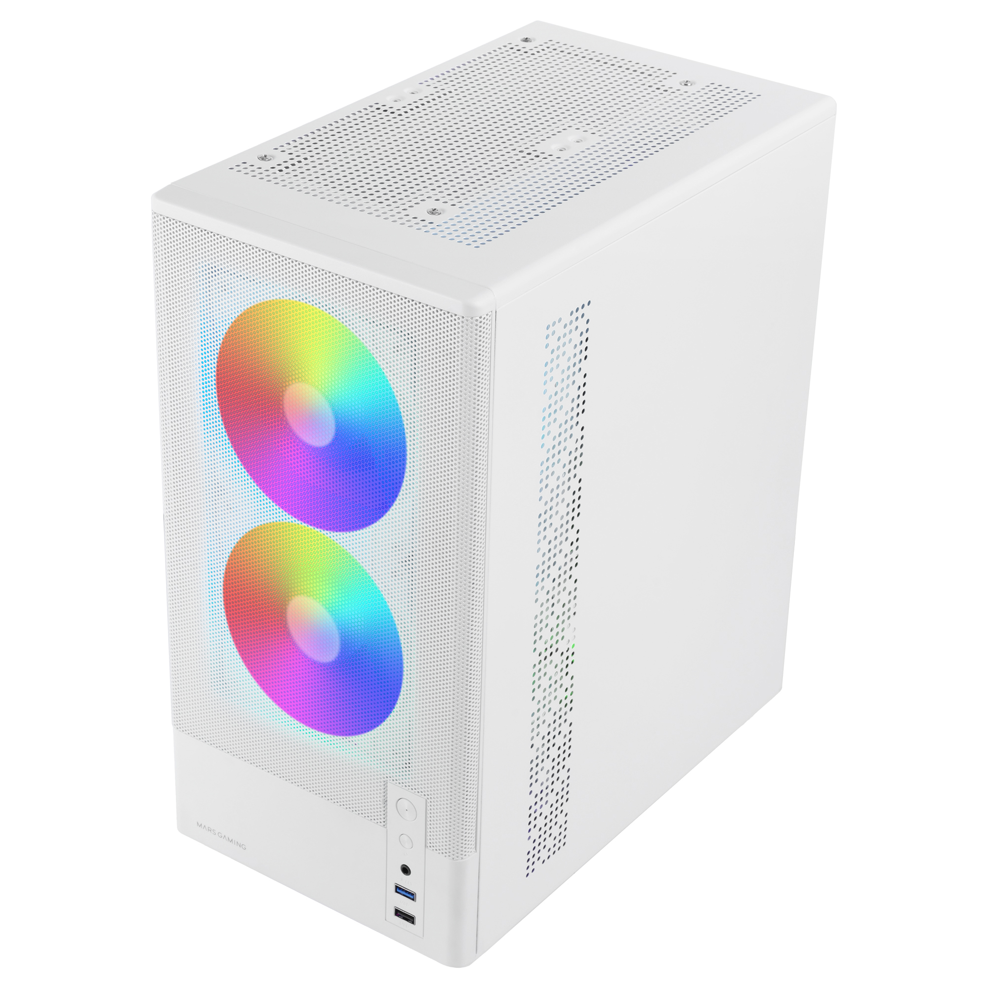 Case per computer bianco con due ventole luminose dai colori arcobaleno. Il case ha una parte anteriore e superiore perforata.