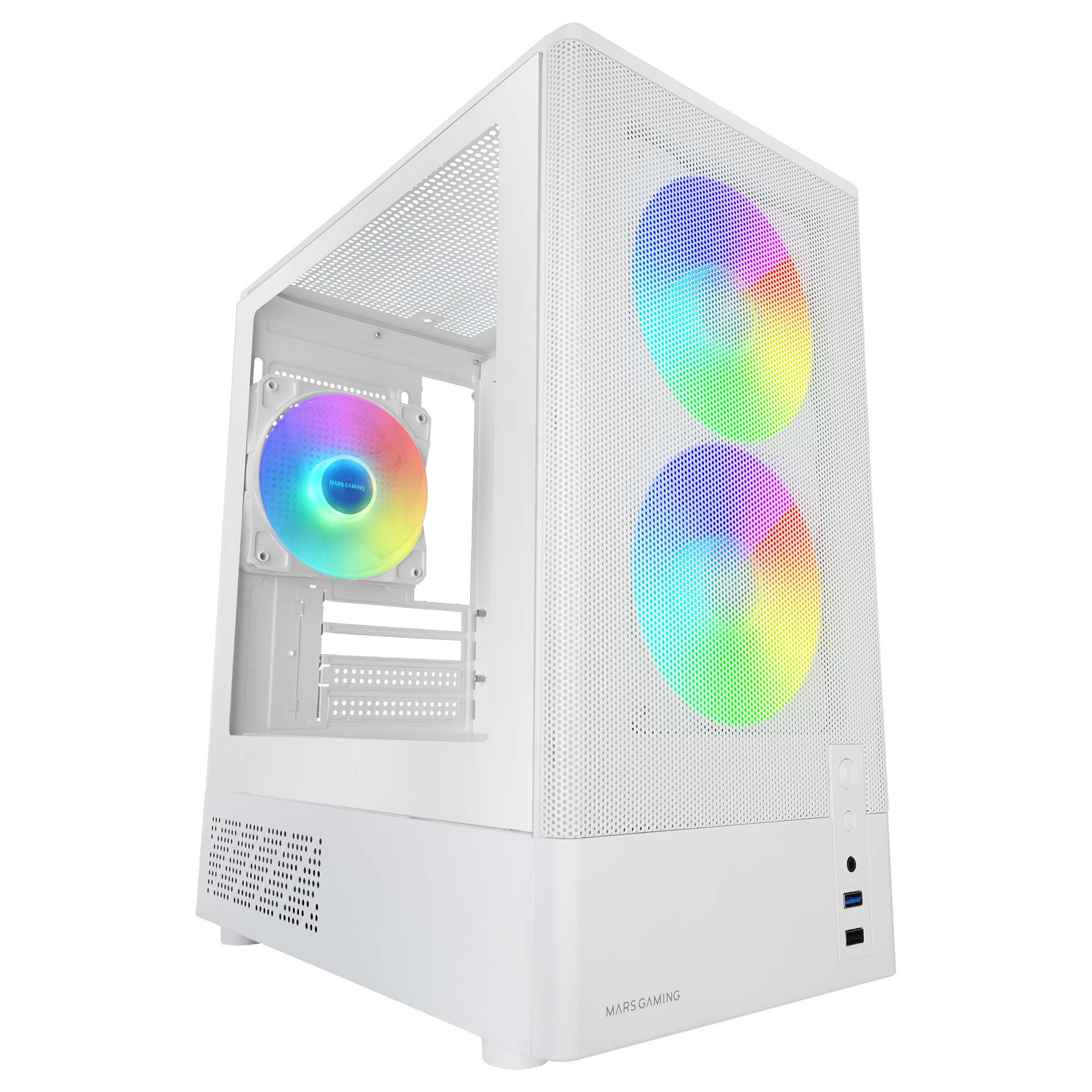 Case per computer bianco con ventole arcobaleno. Pannello frontale perforato con logo Mars Gaming. Porte USB e audio.