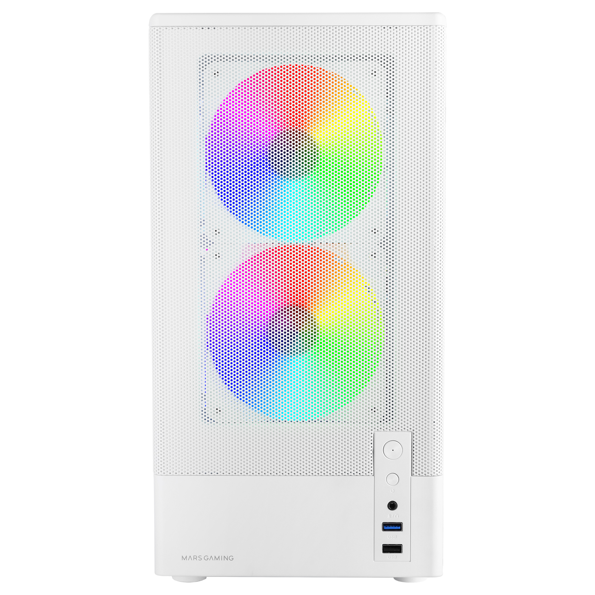 Case per computer bianco con due ventole RGB circolari. Include porte USB e pulsante di accensione. Il marchio è Mars Gaming.