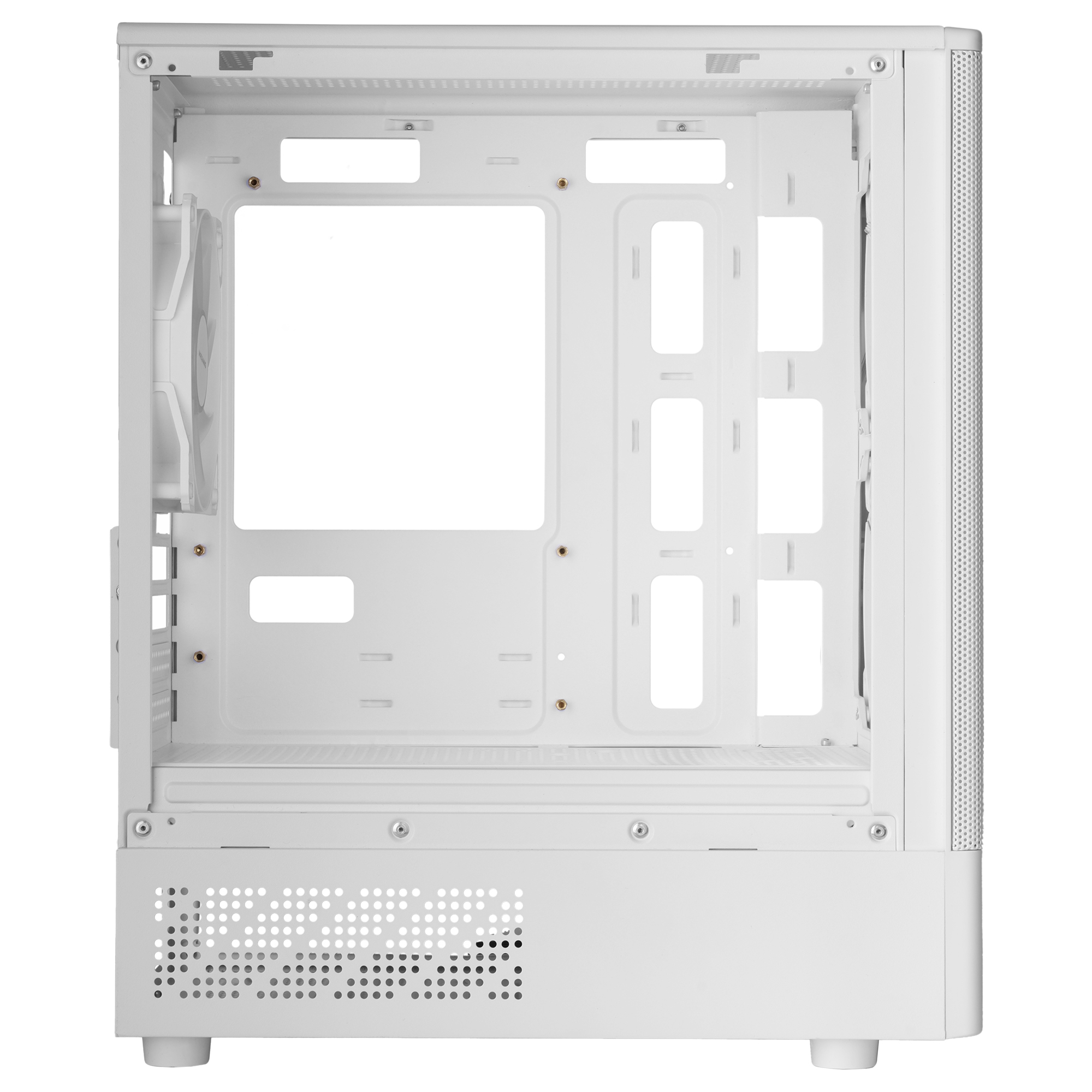 Un case per computer bianco vuoto. Ha varie aperture per i componenti e un pannello laterale perforato.