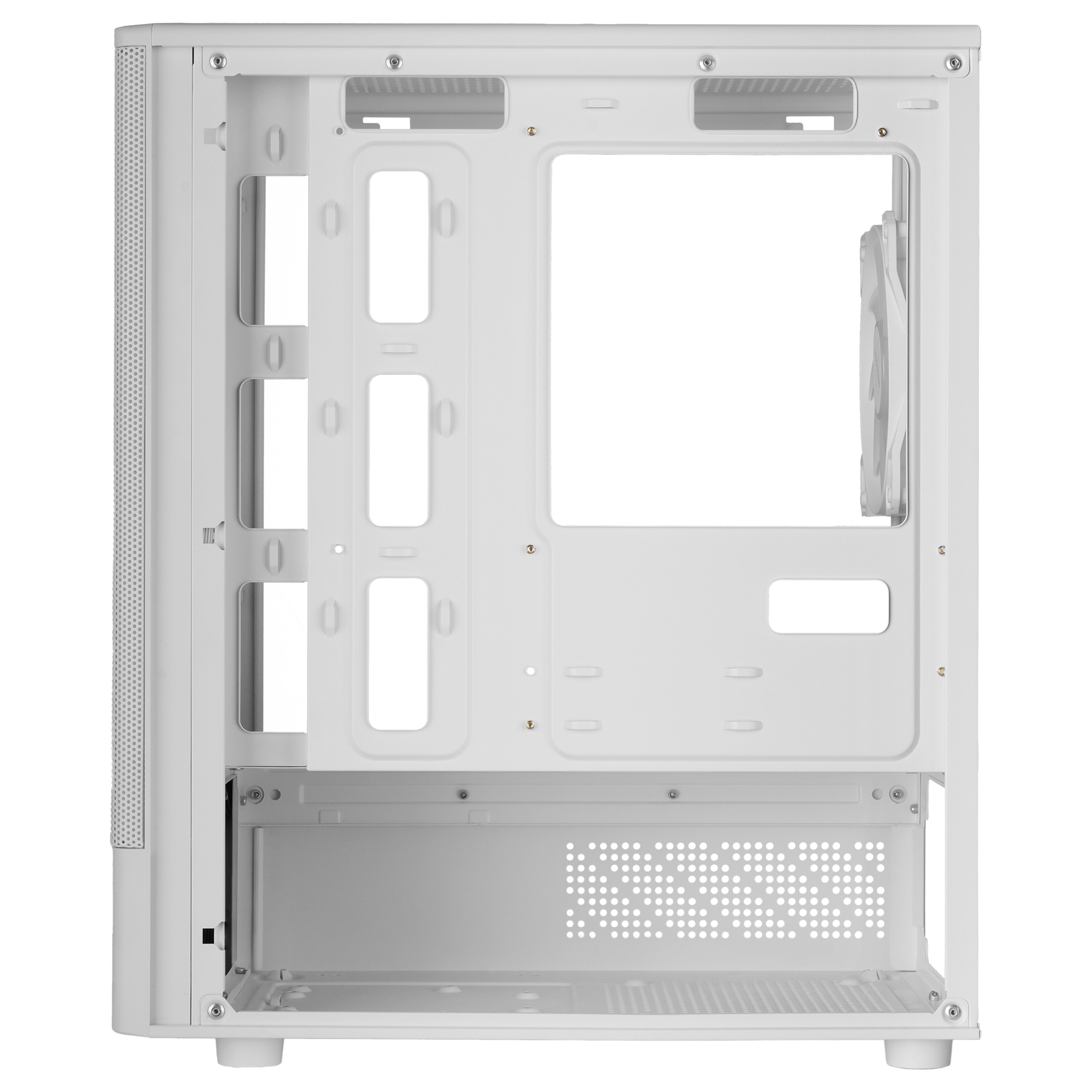 Interno di un case per computer bianco. Design aperto con più slot e una ventola. Pannello laterale perforato.
