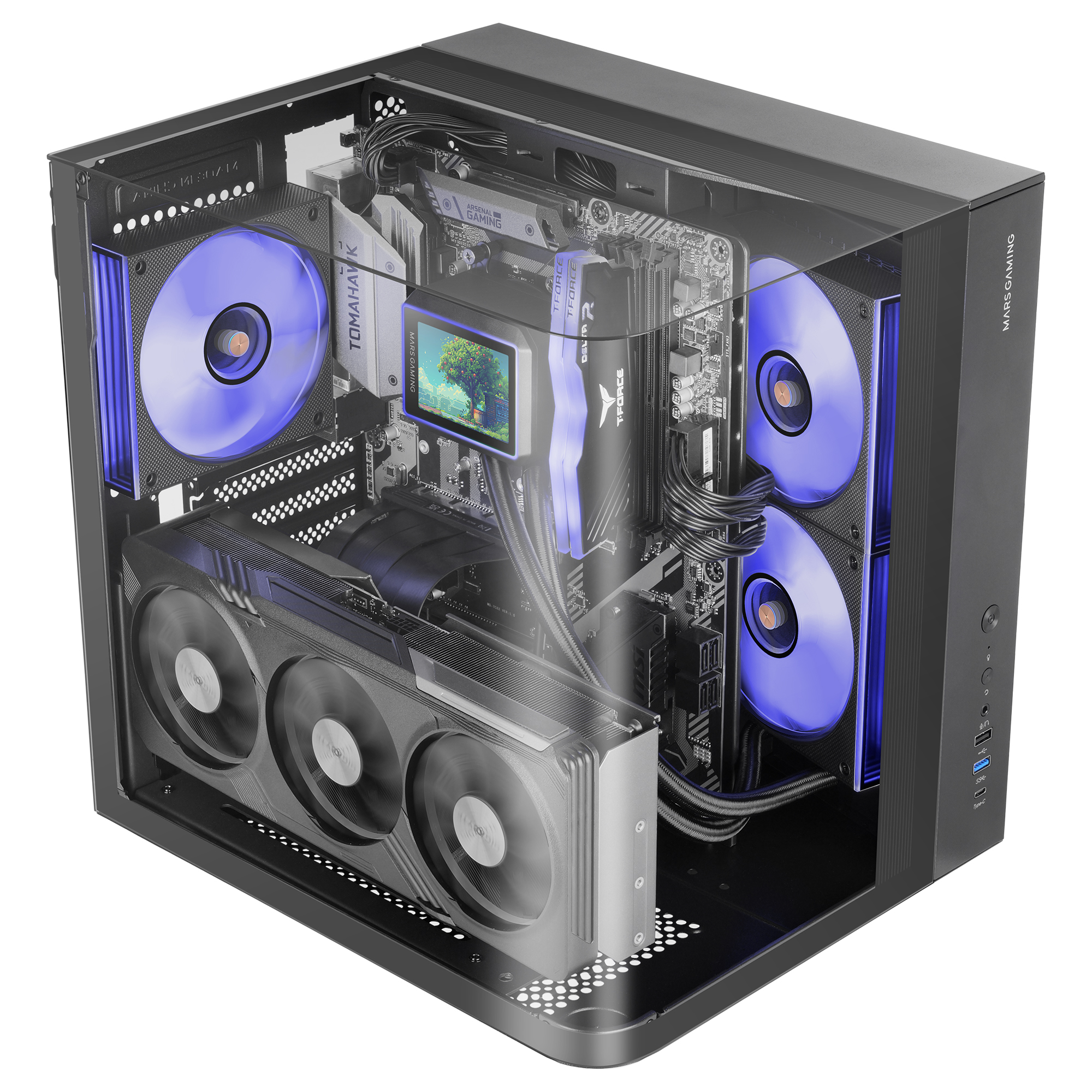 Carcasa de PC abierta, mostrando componentes: GPU, refrigerador de CPU, ventiladores con luces azules, placa base y pantalla.