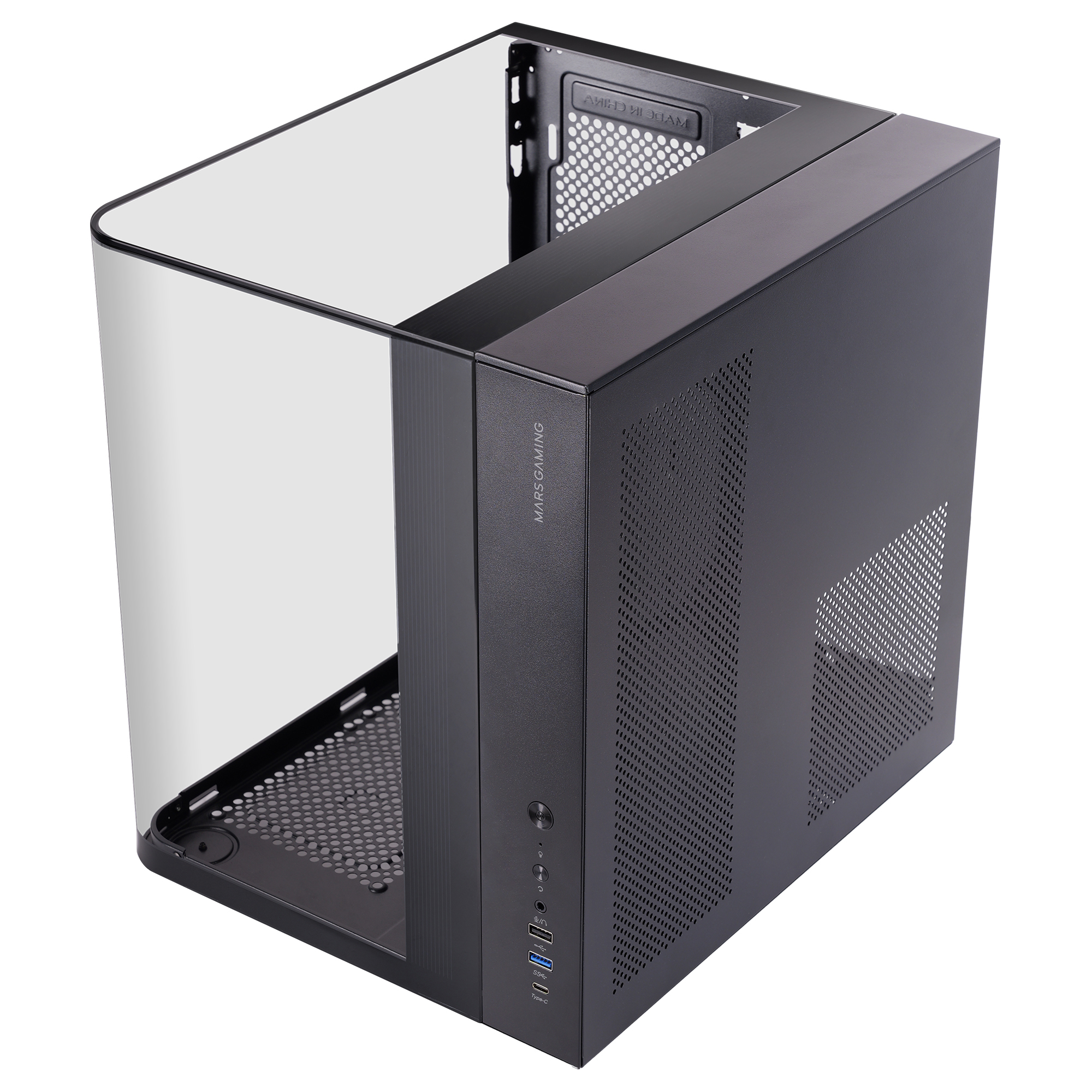 Carcasa de ordenador negra con panel lateral de cristal. Tiene orificios de ventilación y puertos. Visible la marca MARS GAMING.