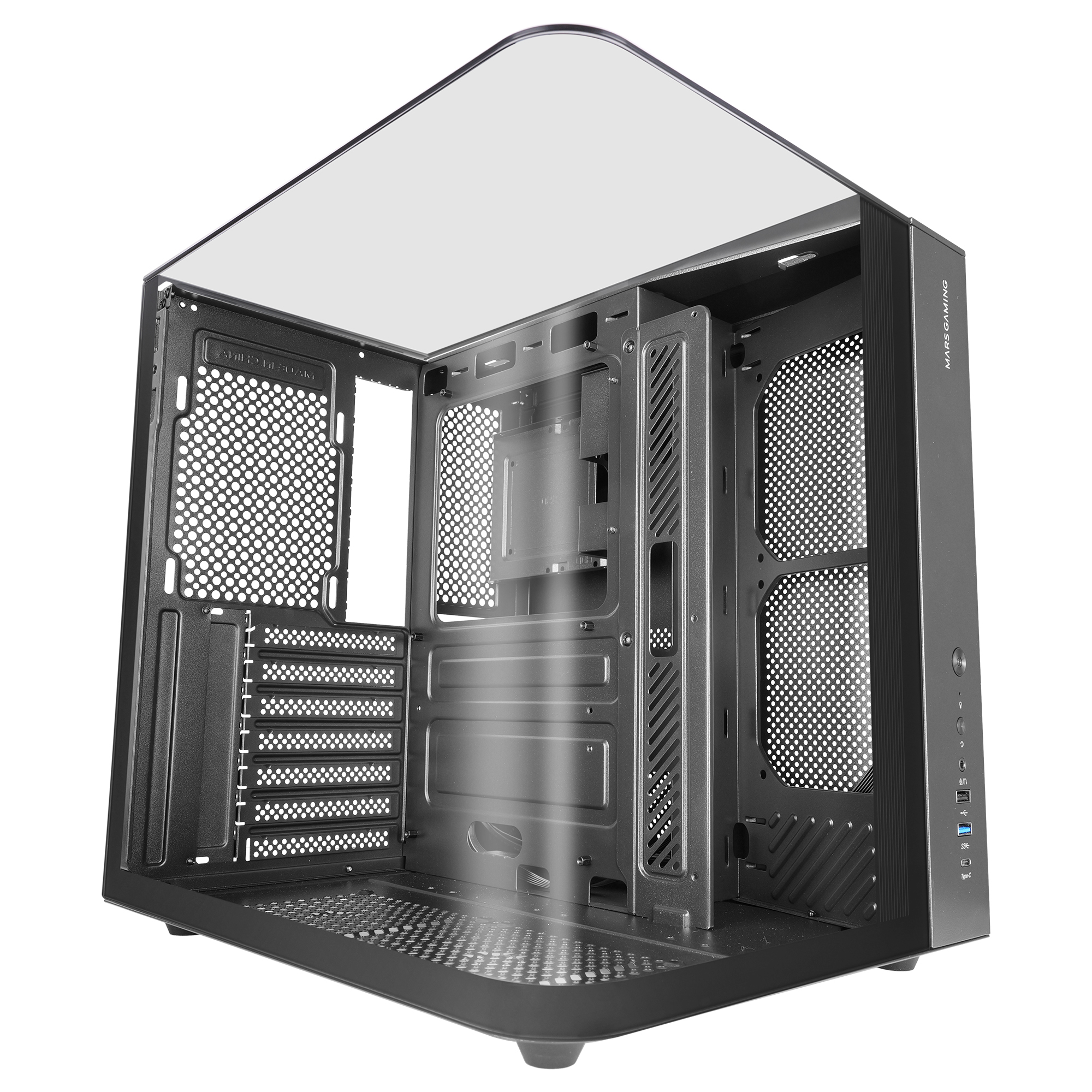 Una caja de ordenador está abierta. Tiene una parte superior transparente. La caja es negra con orificios de ventilación.